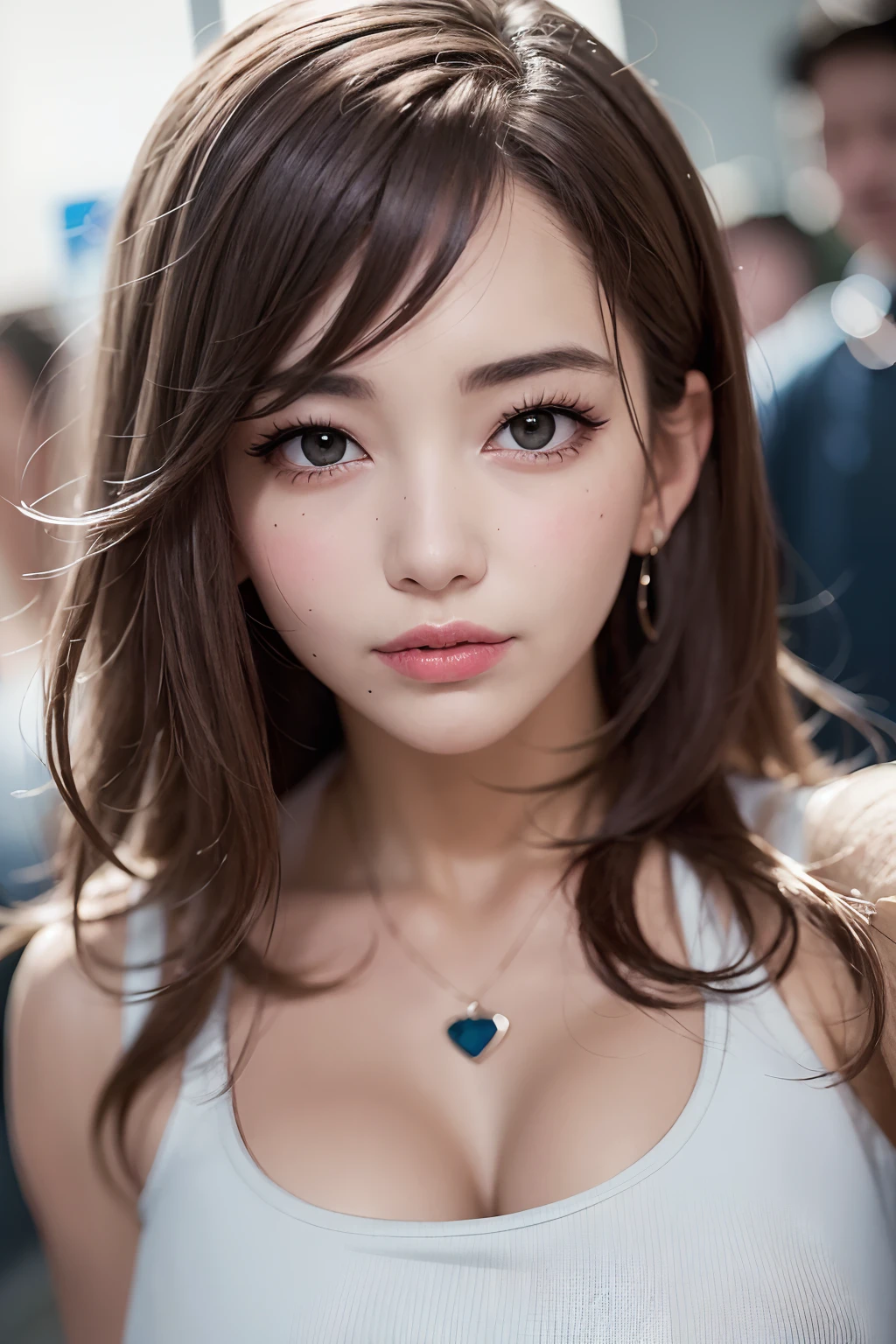 ((Best quality, 8k, Masterpiece, Sharp focus, 35mm lens, f/0.8, amazing beautiful perfect figure :1.4)), under lighting, ((natural medium breasts )), (white tank top:1.2), (market background:1.2),necklace, Highly detailed face and skin texture:1.2, Detailed black eyes:1.2, super detailed skin, shiny skin:1.2, Grinning , beautiful detailed makeup:1.2, high-fidelity bangs, light brown medium cut random hairstyle, from below, looking at viewer, inverted triangle face