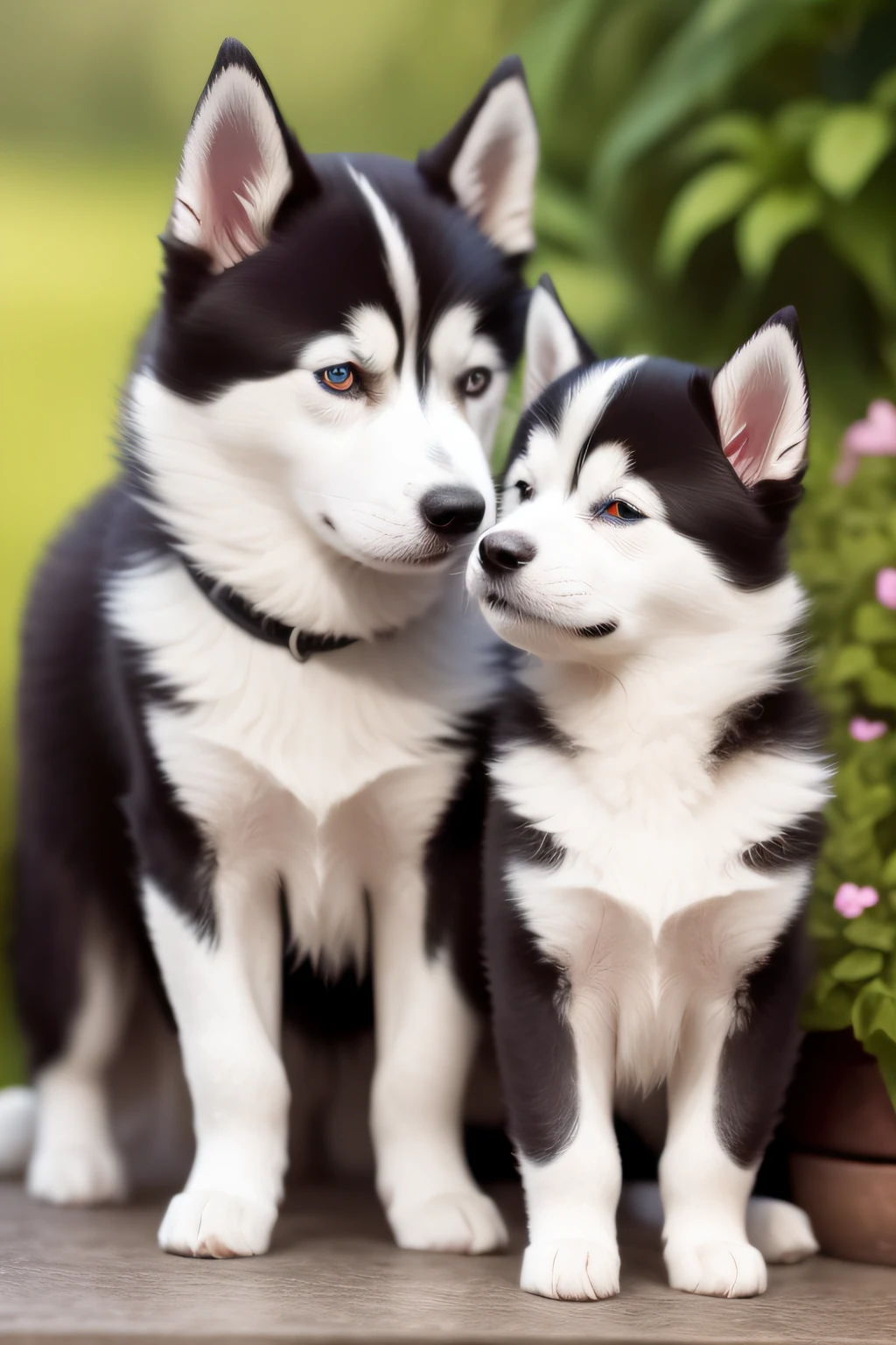 A beautiful siberian husky puppy is depicted on an oil canvas, cada pincelada cuidadosamente trazada revela su belleza y encanto. Su suave, Shiny coat blends into warm, Tonos vibrantes, like the gold of the sun that caresses his back and the dark brown that adorns his ears and eyes.. The puppy's gaze radiates joy and tenderness, reflejando la lealtad y el amor incondicional que nos dan nuestras mascotas. Meticulous details highlight his wet and playful nose, its small but strong legs, Listo para explorar el mundo con entusiasmo. In this oil painting, Se captura la esencia de la nobleza canina, Conveying the happiness and deep connection we share with our faithful companions. Prompts negativos