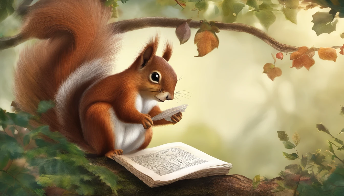 Desenhe uma cena da Floresta Encantada, majestic trees a squirrel holding a sheet of paper