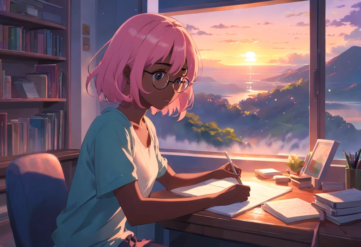 Lia a girl with pink hair, (dark skin), curly hair, studying in her peach pastel room, cozy study desk, glasses, large window overlooking beautiful nature scenery, (staring at the scenery), floral notebooks, (raining), (dark skin), (sunrise time), (dark skin)