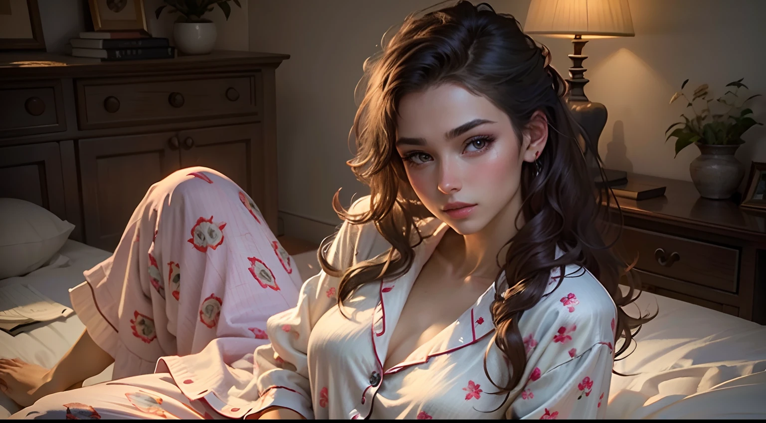 Beautiful woman sitting wearing nightwear, pajamas look sleepy realistic masterpiece