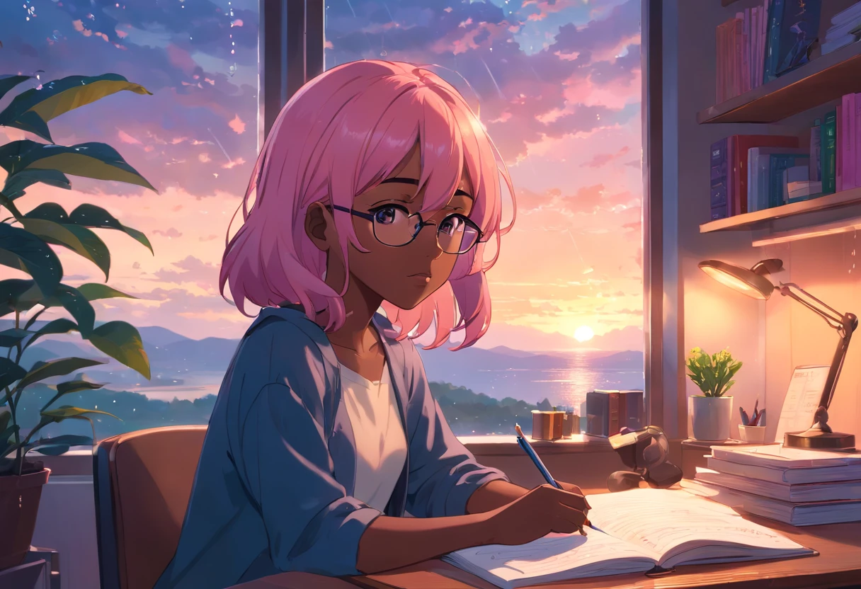 Lia a girl with pink hair, (dark skin), curly hair, studying in her peach pastel room, cozy study desk, glasses, large window overlooking beautiful nature scenery, (staring at the scenery), floral notebooks, (raining), (dark skin), (sunrise time), (dark skin)