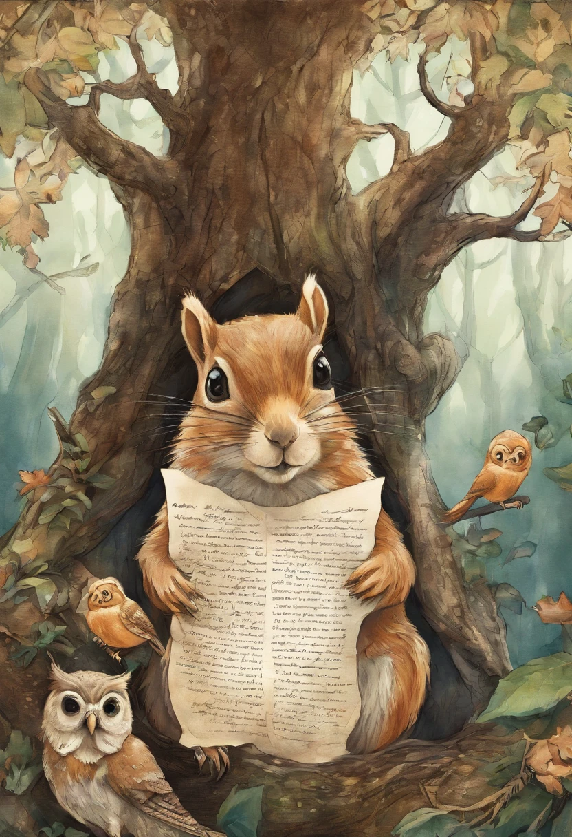 Desenhe uma cena da Floresta Encantada, majestic trees a squirrel holding a sheet of paper and an owl.