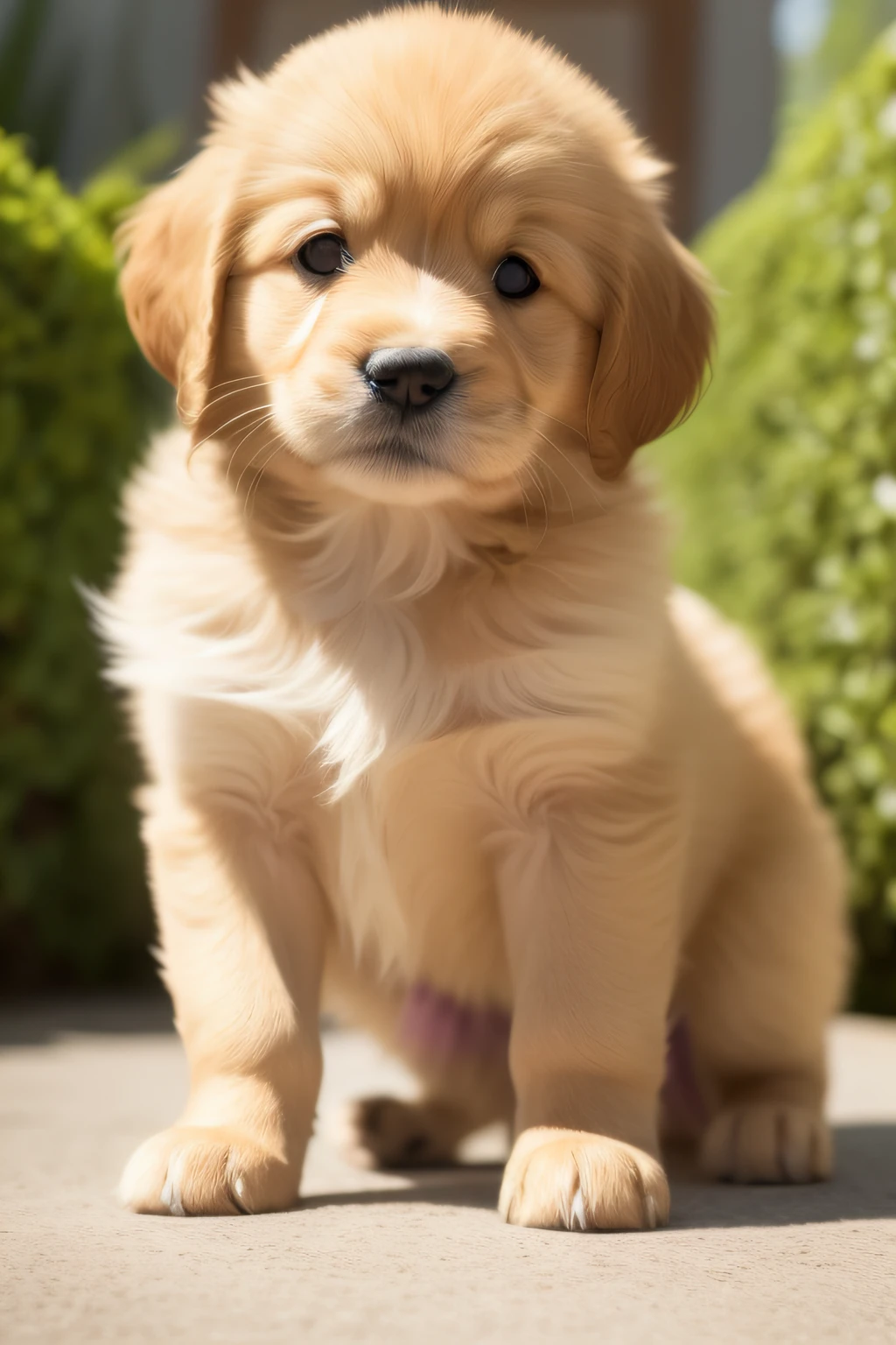 A beautiful golden retriever puppy is depicted on an oil canvas, cada pincelada cuidadosamente trazada revela su belleza y encanto. Su suave, Shiny coat blends into warm, Tonos vibrantes, like the gold of the sun that caresses his back and the dark brown that adorns his ears and eyes.. The puppy's gaze radiates joy and tenderness, reflejando la lealtad y el amor incondicional que nos dan nuestras mascotas. Meticulous details highlight his wet and playful nose, its small but strong legs, Listo para explorar el mundo con entusiasmo. In this oil painting, Se captura la esencia de la nobleza canina, Conveying the happiness and deep connection we share with our faithful companions