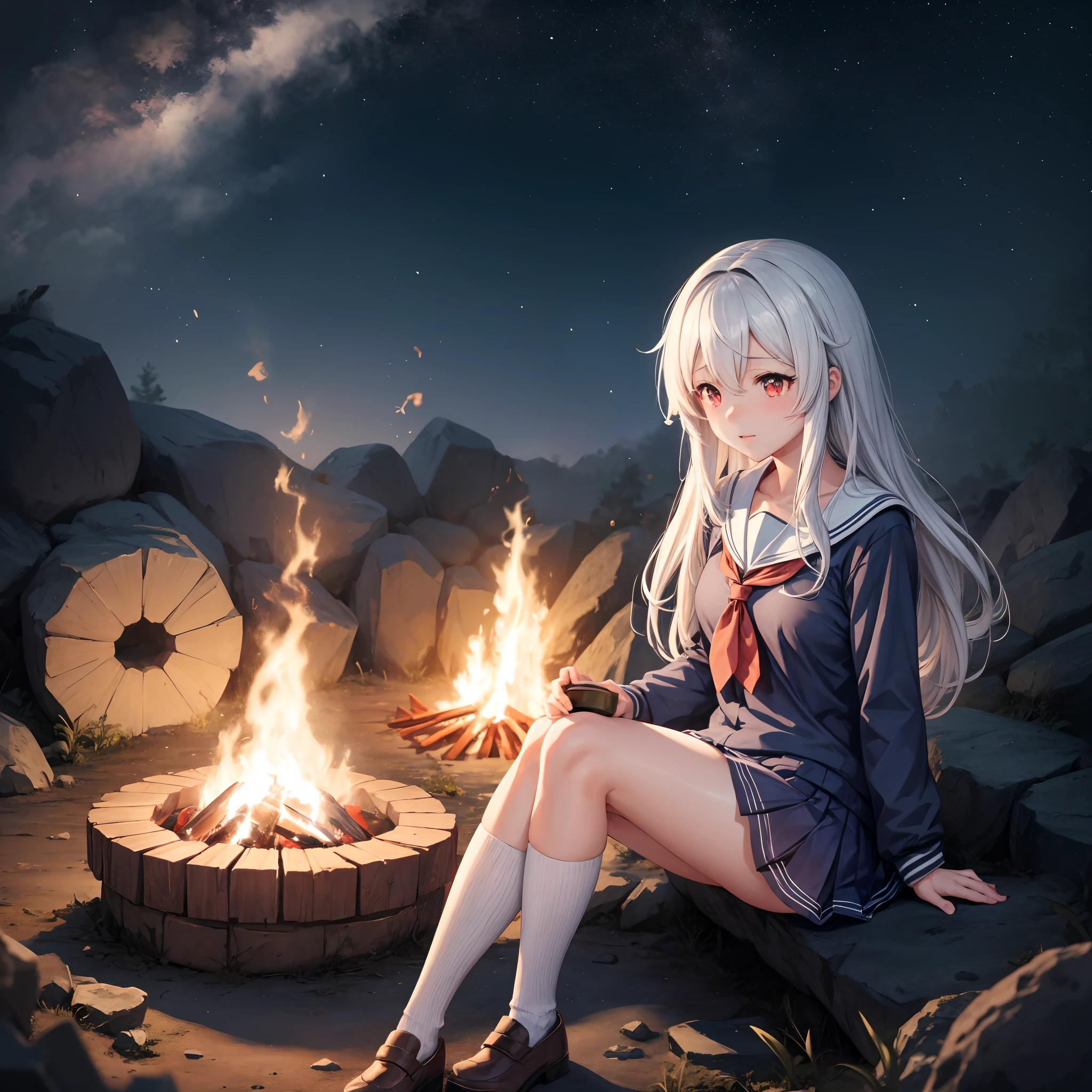 anime girl next to a campfire, a hyperrealistic schoolgirl, realistic schoolgirl, anime girl has white hair and red eyes, beautiful anime girl, [ 4 k digital art ], kantai collection style, female protagonist 👀 :8, school girl, guweiz, kawacy, smooth anime cg art, night sky, sitting on the ground, the girl should be put a little bit far in the picture