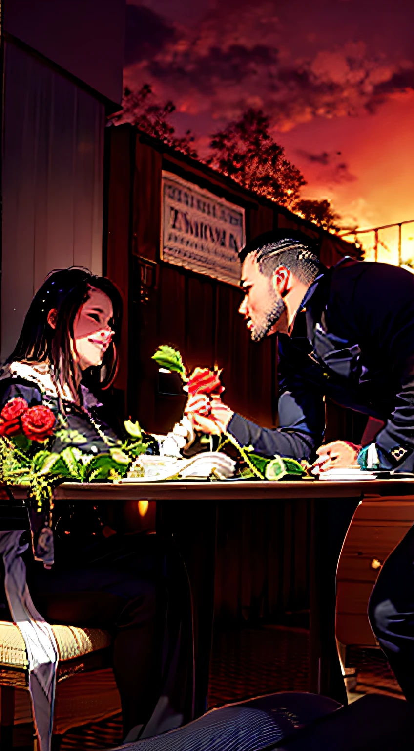 There is a man and a woman sitting at the table with a rose, anime, segurando uma rosa, homem propondo sua namorada, anime, they are in love, Lovely couple, holding a rose in a hand.