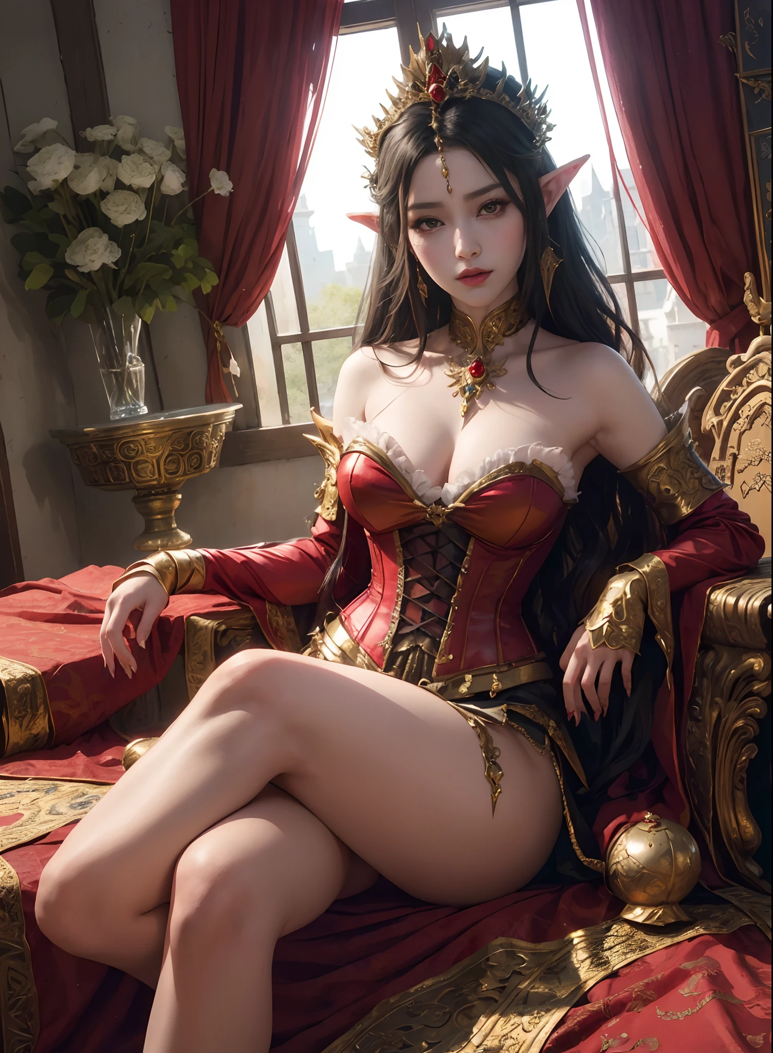 araffe woman in a corset sitting on a bed, a beautiful fantasy empress, ornate cosplay, beautiful and elegant elf queen, ((a beautiful fantasy empress)), beautiful elegant demon queen, anime goddess, ruan jia and artgerm, beautiful sorceress, by Yang J, lady in red armor, elegant glamourous cosplay, full body xianxia