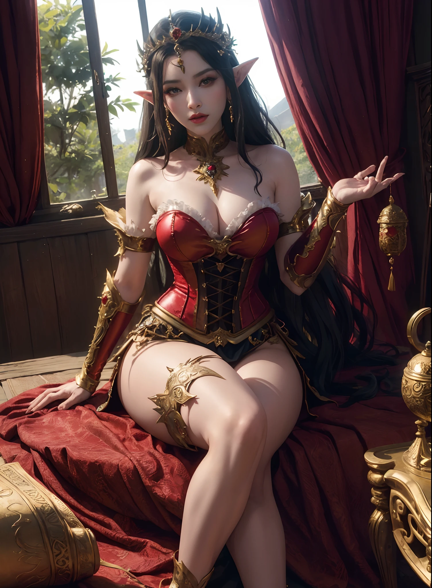 araffe woman in a corset sitting on a bed, a beautiful fantasy empress, ornate cosplay, beautiful and elegant elf queen, ((a beautiful fantasy empress)), beautiful elegant demon queen, anime goddess, ruan jia and artgerm, beautiful sorceress, by Yang J, lady in red armor, elegant glamourous cosplay, full body xianxia