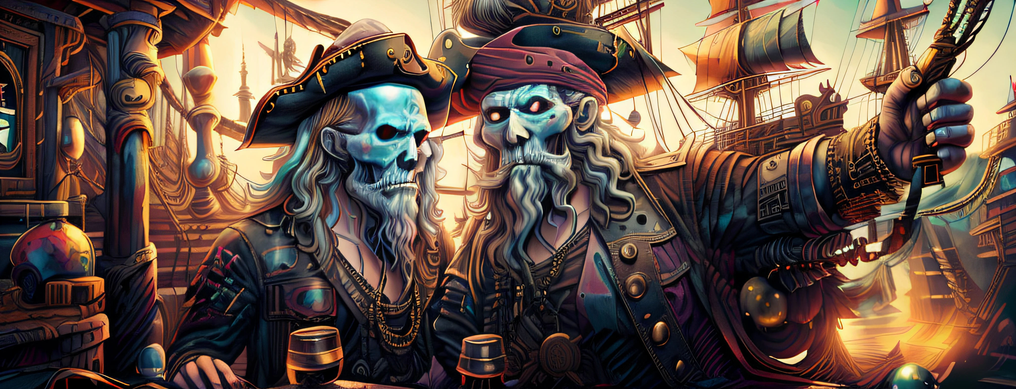 A male pirate with a change on the right side,highly detailed,ultra-detailed,
(realistic,photorealistic,photo-realistic:1.37),dark atmosphere,pirate costume,ragged clothes,
beard and mustache,sharp facial features,eye patch,pirate hat,hook instead of right hand,wooden leg,
dramatic lighting,stormy sea in the background,skull and crossbones flag on the pirate ship,
treasure chest with gold and jewels,smoke from cannons,fierce expression,pirate sword,parrot on the shoulder,
stormy clouds in the sky