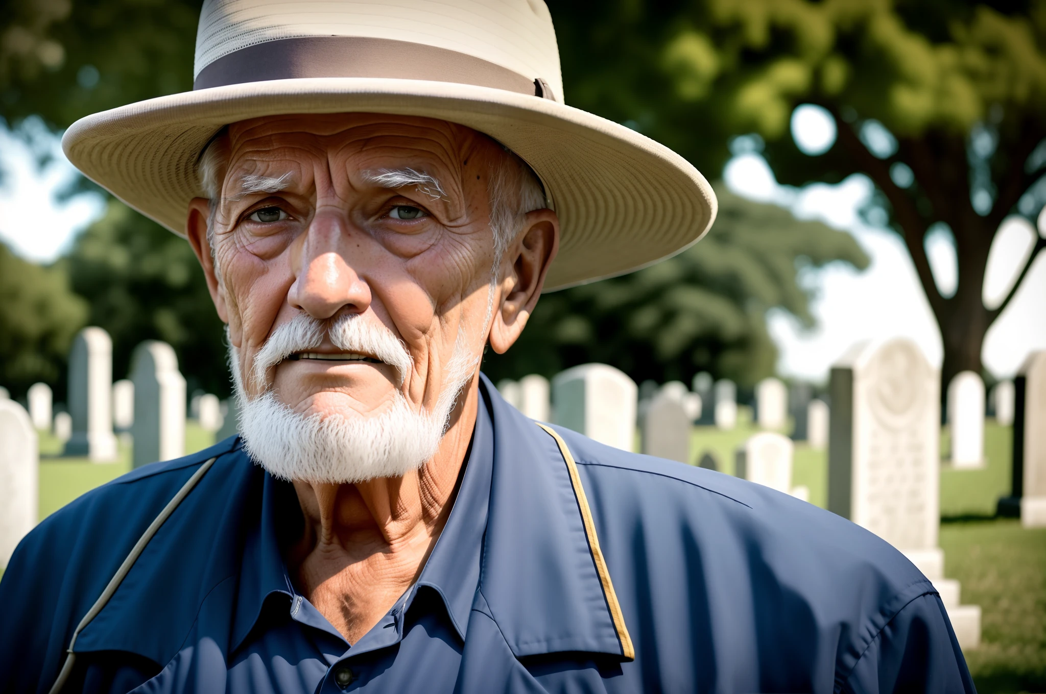 ((FOTO DE CLOSEUP HD)) an old man standing, Aaron, loud looking at the camera, 70 anos, in cemetery