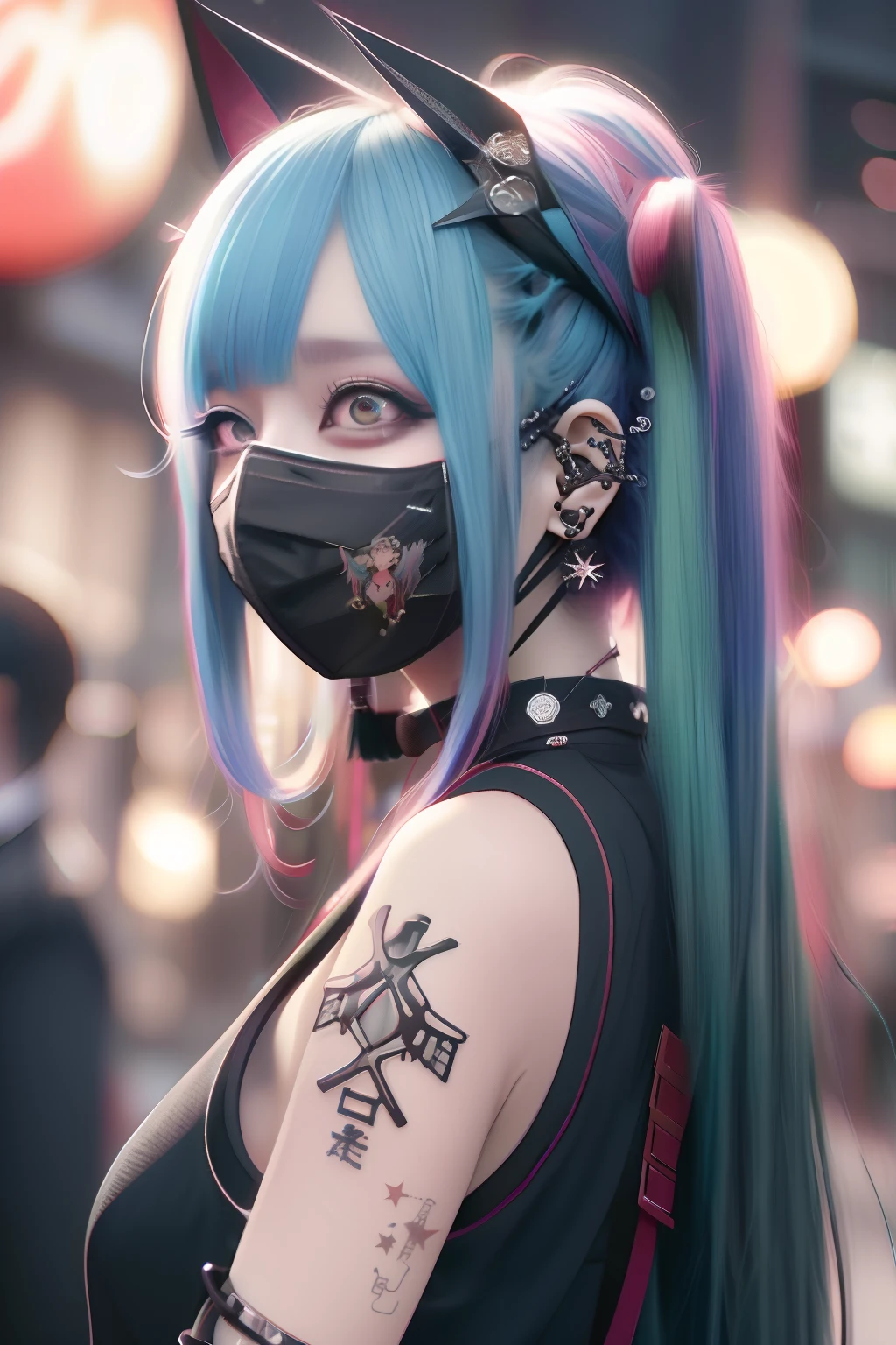 miku hatsune、Green hair、sleeveless。masks、Sleeveless、The tattoo、bright red、Really red、Red、Red-haired、rot、red hairs、head phone、🎧、goth_punk, 1girl in, 独奏, medium shot, Walking in Harajuku, ((during night)), bokeh dof, Neon light, Iridescent eyes, starrysky, red glowing hair, Black eyebrows, Radiant hair, (iridescent red hair), 耳Nipple Ring, bangss, jewely, masks, bluntbangs, verd s eyes, Mouth mask, blurry backround, bblurry, hair adornments, Look at viewers, shorth hair, portraitures, side locks