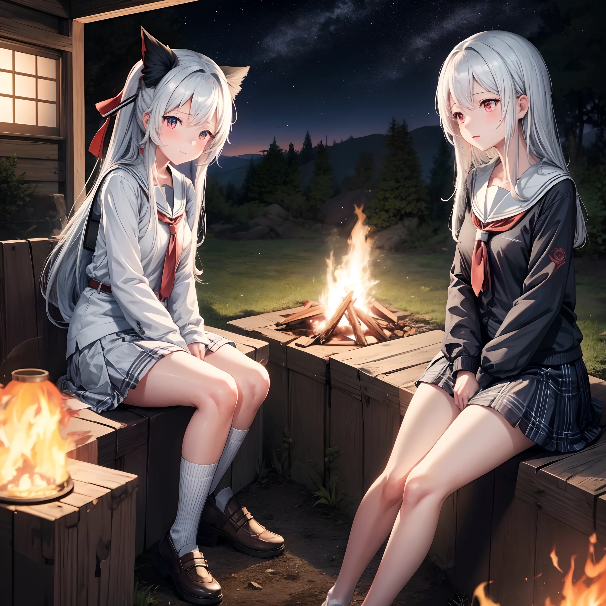 anime girl next to a campfire, a hyperrealistic schoolgirl, realistic schoolgirl, anime girl has white hair and red eyes, beautiful anime girl, [ 4 k digital art ], kantai collection style, female protagonist 👀 :8, school girl, guweiz, kawacy, smooth anime cg art, night sky, sitting on the ground, the girl should be put a little bit far in the picture