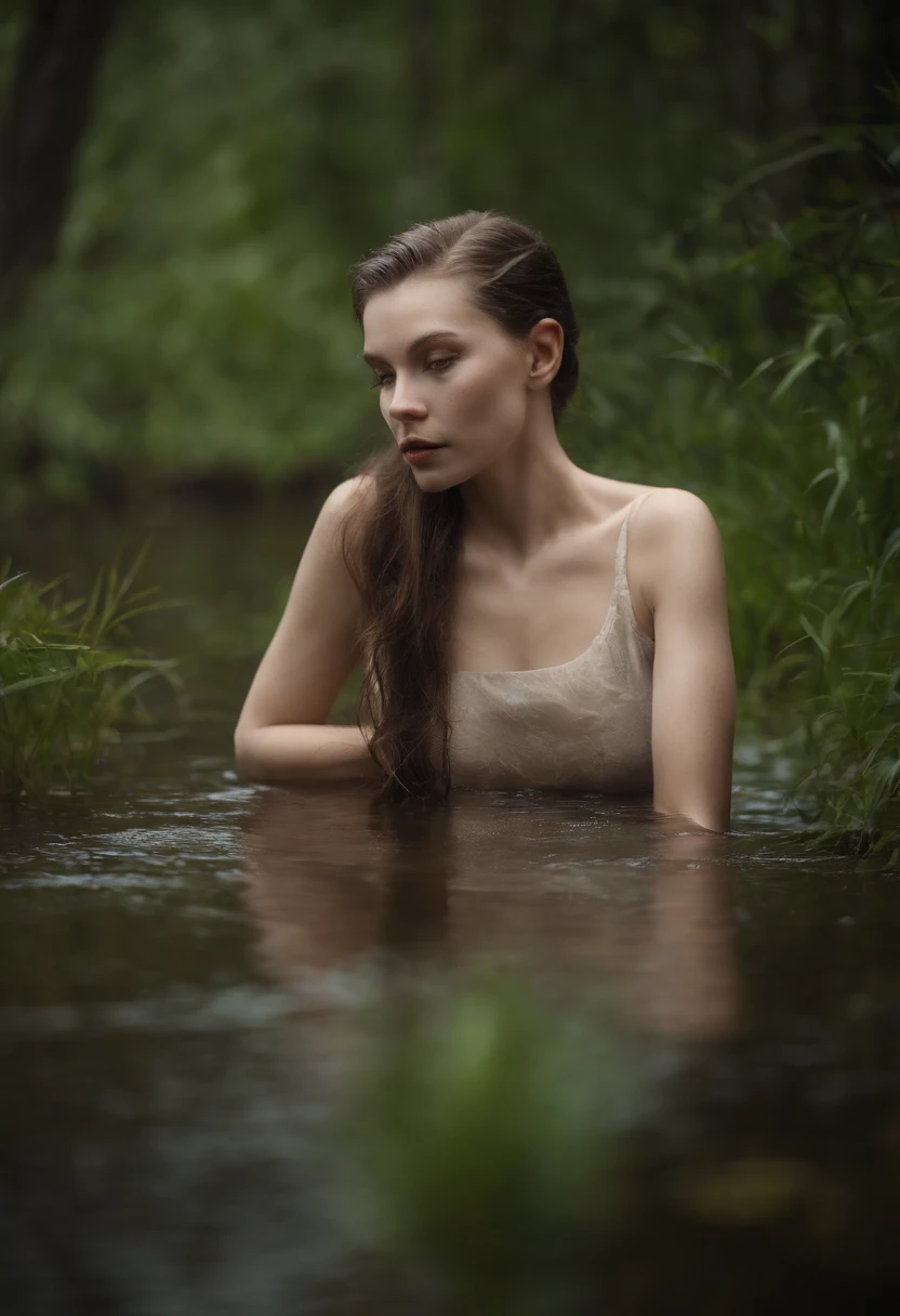 Tiro de medio cuerpo, Hyper-realistic photography in a swamp, Beautiful pale bald model, piel iridiscente, piel que parece vidrio, White albino python body moving in the water,