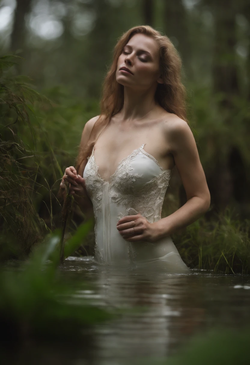 Tiro de medio cuerpo, Hyper-realistic photography in a swamp, Beautiful pale bald model, piel iridiscente, piel que parece vidrio, White albino python body moving in the water,