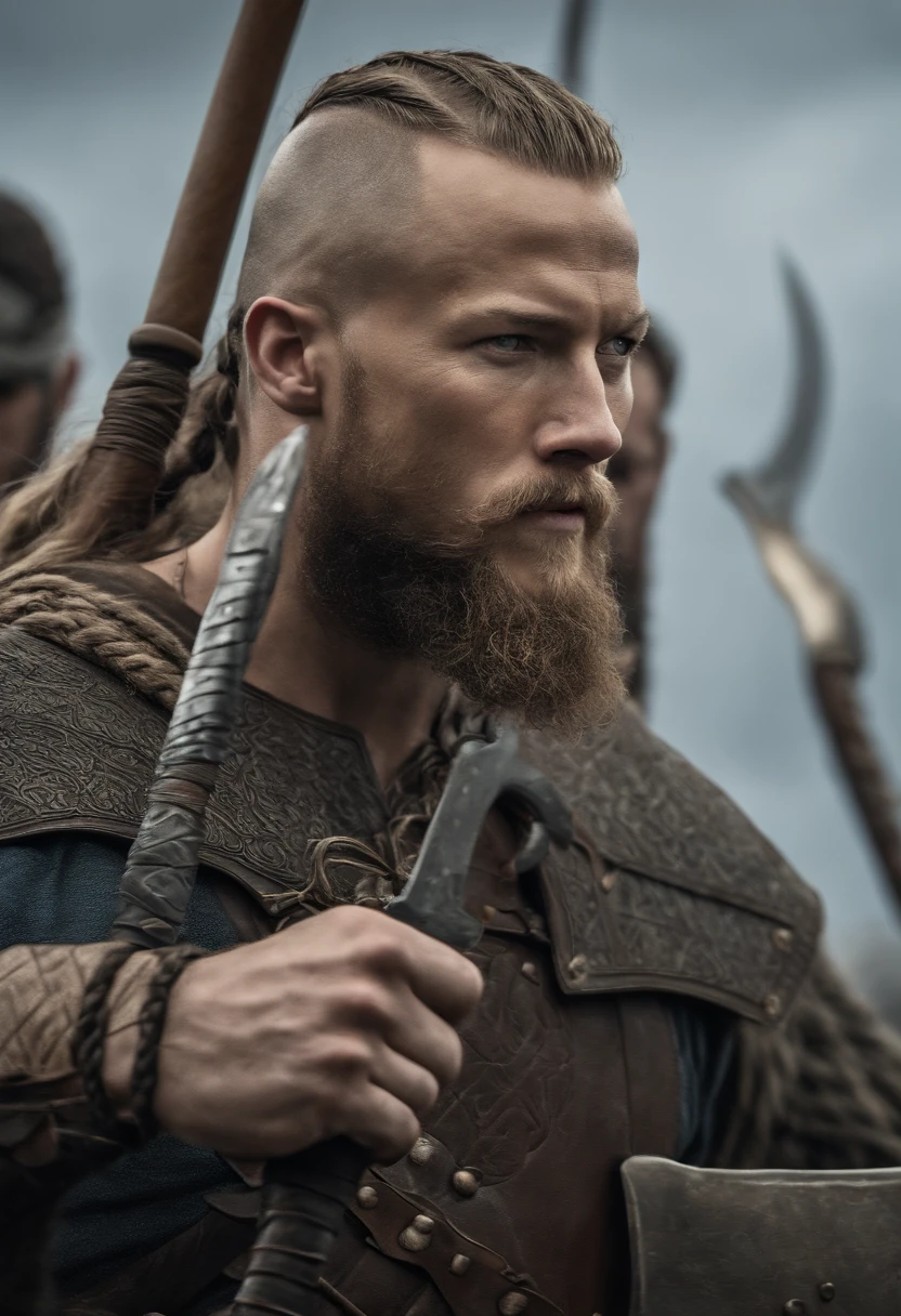 Imagem de Ragnar em um confronto de espada com o Soberano Fro. The illustration is in high definition with 4k resolution, with highly detailed facial features and cartoon-style visual effects.