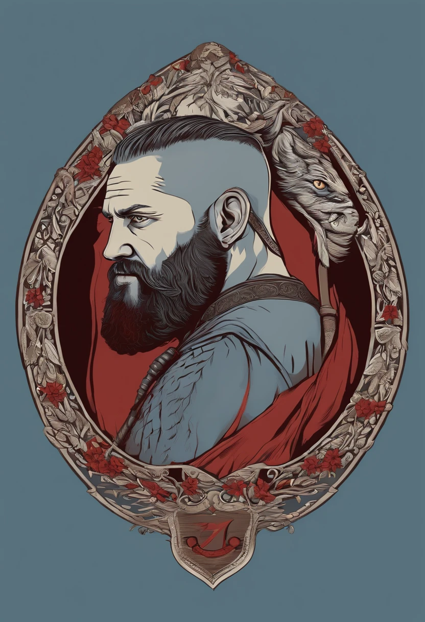 Imagem de Ragnar em um confronto de espada com o Soberano Fro. The illustration is in high definition with 4k resolution, with highly detailed facial features and cartoon-style visual effects.