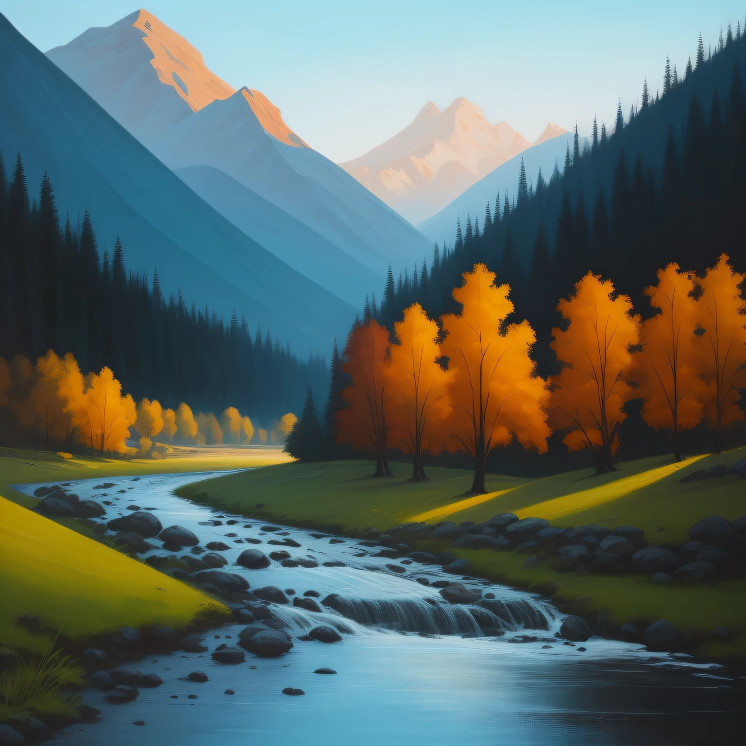 valley, modern minimalist house, river, late afternoon, atmosphere, Abstract painting, lots of dripping paint, dark background, oil paint