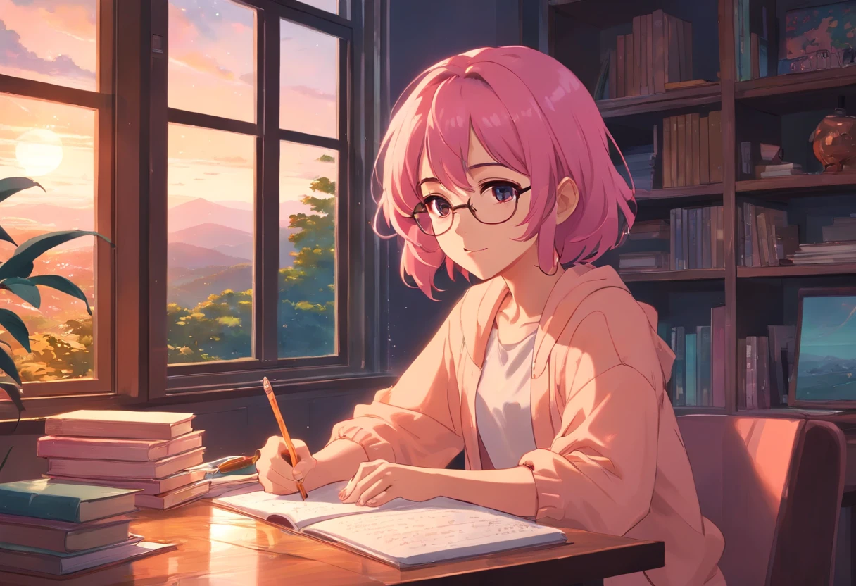 Lia a girl with pink hair, (dark skin), curly hair, studying in her peach pastel room, cozy study desk, glasses, large window overlooking beautiful nature scenery, (staring at the scenery), floral notebooks, (raining), (dark skin), (sunrise time), (dark skin)