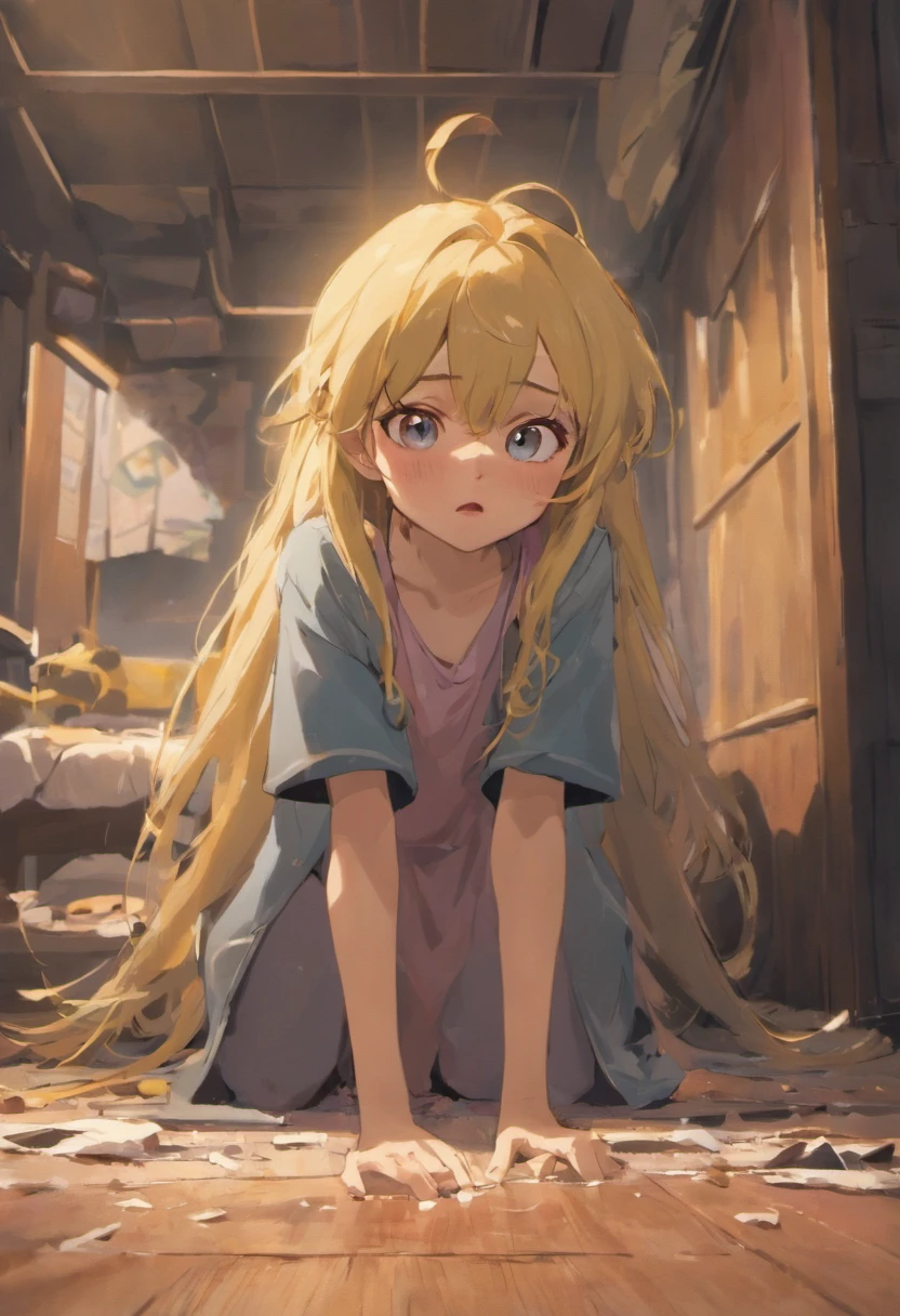 generate a highly detailed 3D image of a Disney-style girl, exuding a sense of sadness and melancholy. She should have been standing in the middle of a completely messed up room. The girl should have disheveled, dirty-looking hair, with strands falling in disarray over her face and shoulders. Your facial expression should convey deep sadness, with teary eyes and slightly trembling lips. Your clothes, while still reminiscent of a Disney princess's style, should look disheveled and neglected, with faded details and subtle tears. a pile of dirty clothes spread across the table. Carpet should be overturned with dirt spread across the floor, accentuating the feeling of disarray. Crumbs and stains on the floor should indicate a lack of cleanliness. Next to the girl, there must be a broom leaning against the table, as if someone had started to clean but abandoned the task in the middle. facial expression