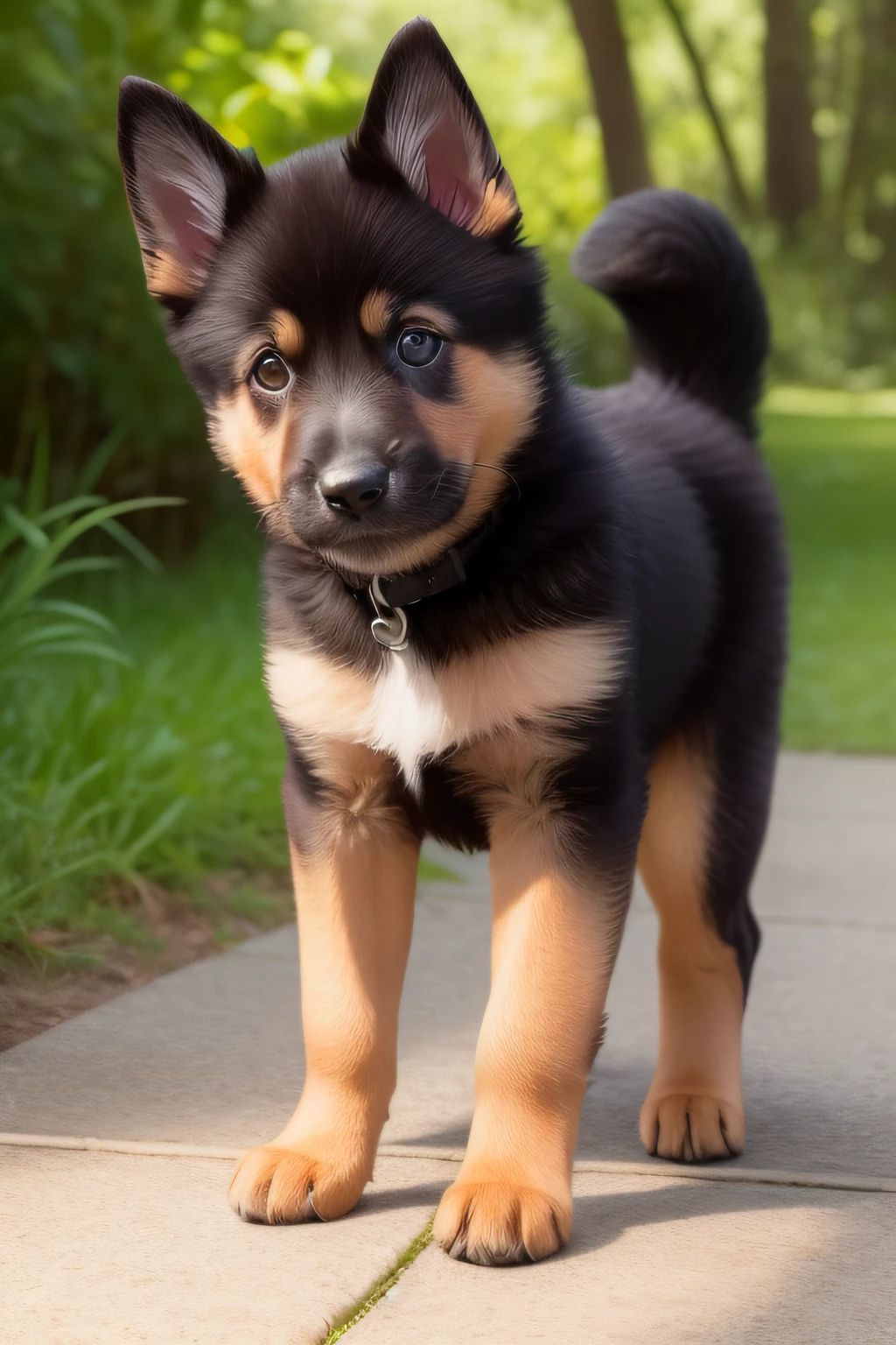 A beautiful German Shepherd puppy is depicted on an oil canvas, cada pincelada cuidadosamente trazada revela su belleza y encanto. Su suave, Shiny coat blends into warm, Tonos vibrantes, like the gold of the sun that caresses his back and the dark brown that adorns his ears and eyes.. The puppy's gaze radiates joy and tenderness, reflejando la lealtad y el amor incondicional que nos dan nuestras mascotas. Meticulous details highlight his wet and playful nose, its small but strong legs, Listo para explorar el mundo con entusiasmo. In this oil painting, Se captura la esencia de la nobleza canina, Conveying the happiness and deep connection we share with our faithful companions