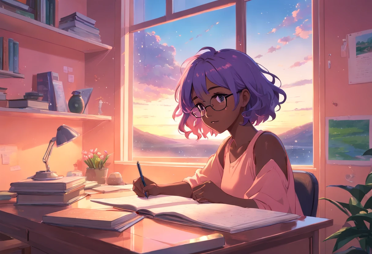 Lia a girl with pink hair, (dark skin), curly hair, studying in her peach pastel room, cozy study desk, glasses, large window overlooking beautiful nature scenery, (staring at the scenery), floral notebooks, (raining), (dark skin), (sunrise time), (dark skin)