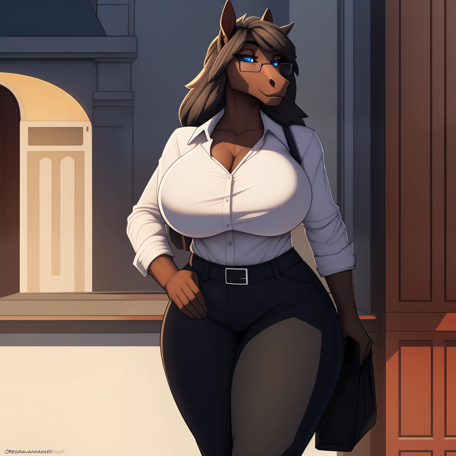 mature_horse female graying_black_mane long_loose_mane dark_brown_furry_body blue_eyes milf thick_thighs large_breasts glasses bags_under_eyes button_up_shirt pants solo Masterpiece best_quality absurdres highly_detailed cleanly_drawn_eyes anthro_only by_claweddrip, by_greasymojo, by_underscore-b, by_runawaystride