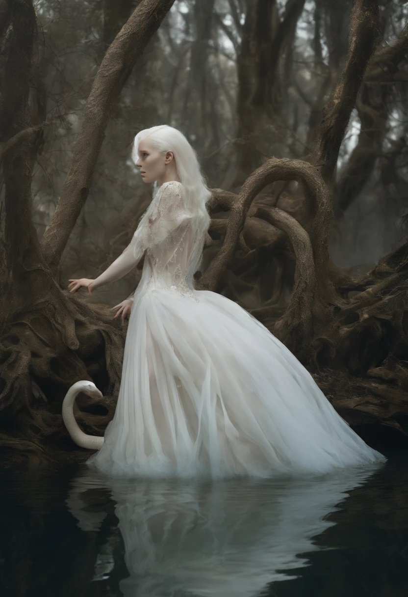 Tiro de medio cuerpo, Hyper-realistic photography in a swamp, Beautiful pale bald model, piel iridiscente, piel que parece vidrio, White albino python body moving in the water,
