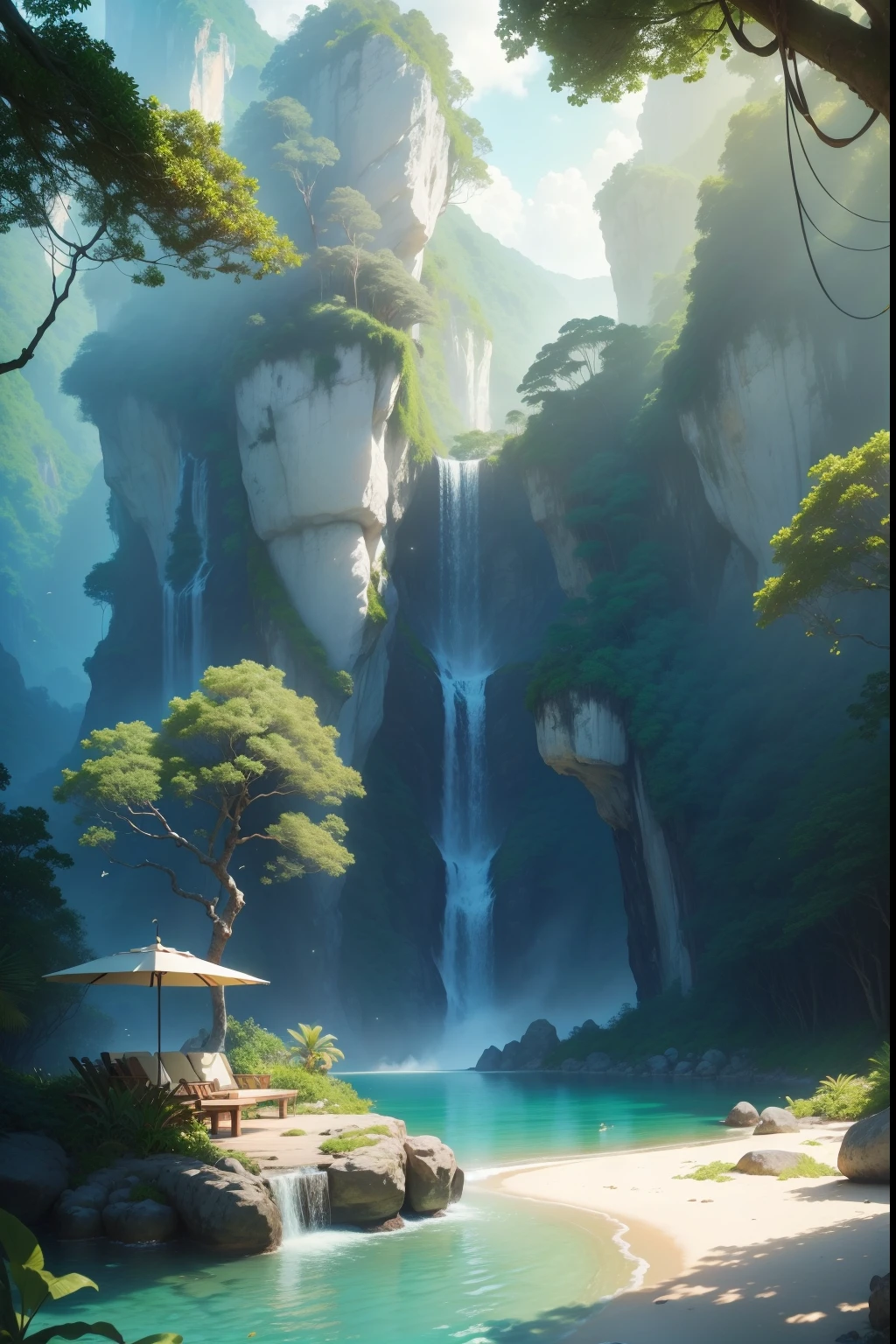 (best quality,4k,8k,highres,masterpiece:1.2),ultra-detailed,(realistic,photorealistic,photo-realistic:1.37),lush greenery,pristine beaches,turquoise waters,sun-kissed palm trees,cascading waterfalls,tropical paradise,Costa Rican rainforest,hazy mountains,exotic birds,rich biodiversity,colorful flowers,sunlit path,tranquil lake,breathtaking vistas,serene atmosphere,natural wonders,unspoiled beauty,coconut groves,golden sunlight,refreshing breeze,glimmering rivers,rustling leaves,wildlife sanctuary,natural sanctuary,crystal-clear lagoons,teeming with life,swaying hammock,tropical retreat,serenity at its finest,wilderness escape,lush foliage,emerald jungles,blissful serenade of nature,majestic suspension bridges,hidden caves,hidden treasures,wild orchids,exotic butterflies,vibrant fauna and flora,living masterpiece