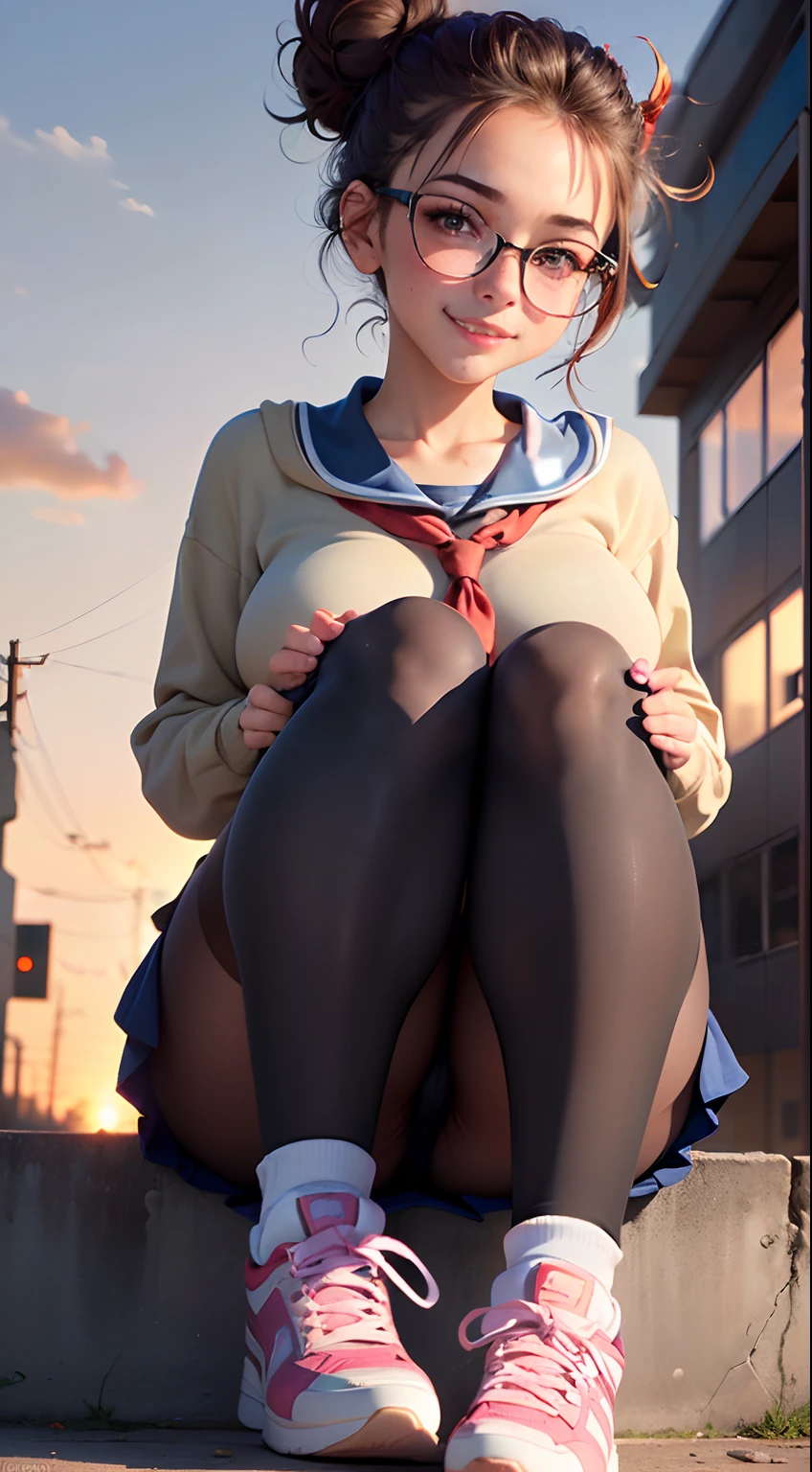 1girl, Show entire body, feet in view, 18y.o. slim, Caucasian female, glasses, freckles, brunette hair in high messy bun, cute smile, American school uniform, shiny pantyhose, big breasts, sneakers, standing outside, sitting on SUV, school in background, sunset