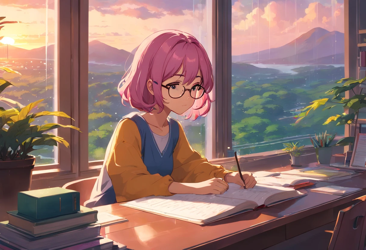 Lia a girl with pink hair, (dark skin), curly hair, studying in her peach pastel room, cozy study desk, glasses, large window overlooking beautiful nature scenery, (staring at the scenery), floral notebooks, (raining), (dark skin), (sunrise time), (dark skin)
