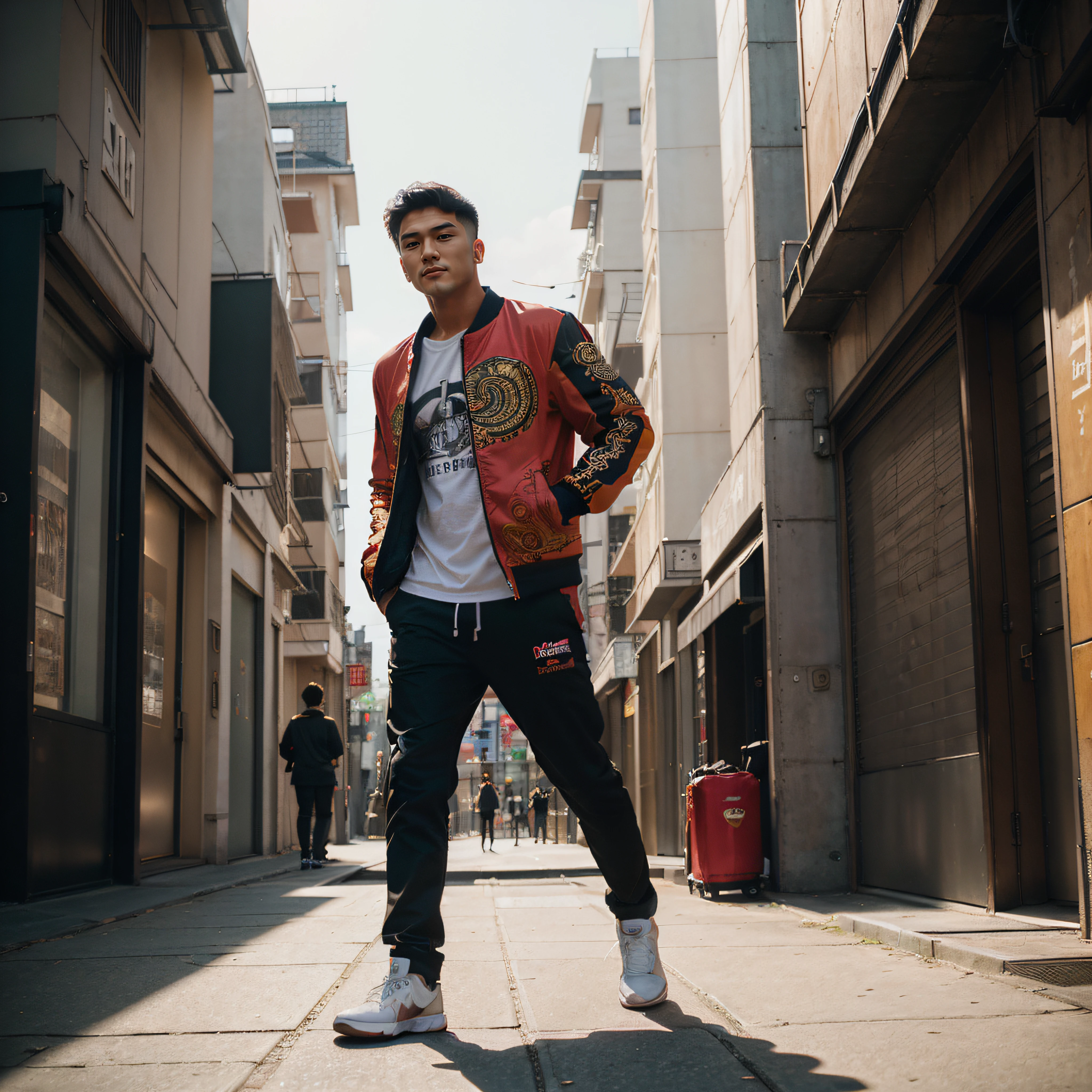 (urban photography:1.2), (film grain:1.4), (candid pedestrian photograph:1.1), (tom holland:0.3), (dynamic pose:1.1), vibrant colours, colourful jacket, (wearing modern Japanese urban fashion:1.1), (his clothes adorned with intricate oriental designs:1.1), (Canon EOS R6 camera, perfect for capturing outdoor scenes:1.2), (paired with a Canon RF 24-70mm f/2.8L IS USM lens for versatile captures:1.2), (the play of light and shadow accentuating his form:1.1), (his confident expression accentuating the youthful urban fashion:1.1), (an image that captures the fusion of artistry, culture, and natural beauty:1.1)
