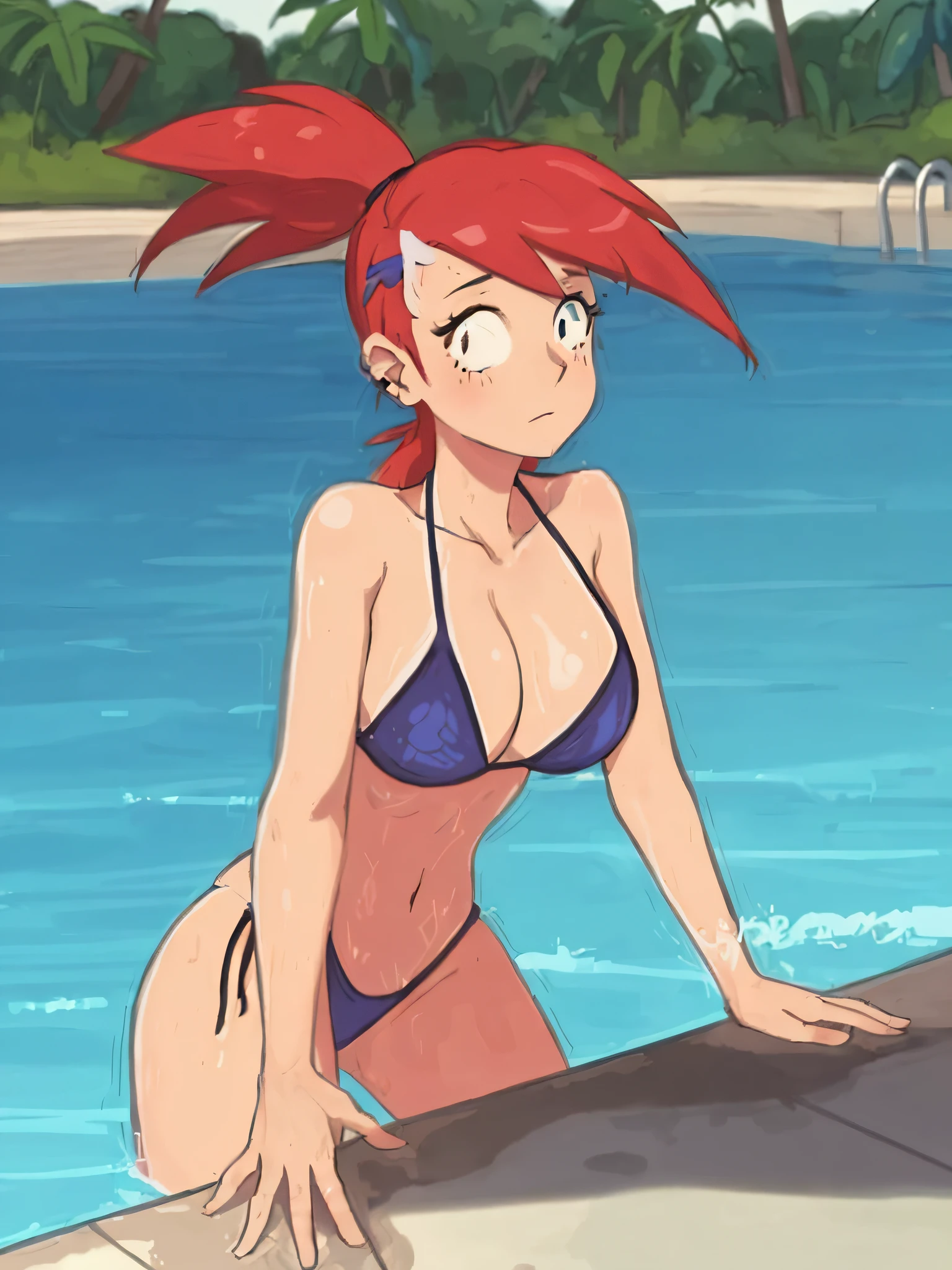 A closeup of a person in a bikini near a pool, Misty from Pokemon, is wearing a swimsuit, roupa de banho, ao lado de uma piscina, ela tem cabelos ruivos, in a bikini, Pose legal, bswimsuit, in a bikini, Marin Kitagawa Fanart, com cabelos ruivos, Pose casual, estilo anime gainax, em uma piscina, peito lateral, red head