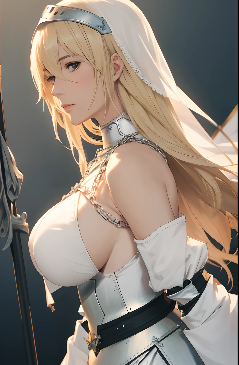 best quality, masterpiece,highly detailed,anime,1girl, adult face, mature face, mature female, mature woman, mature beauty, adult blonde, mature blonde,upper body,(jeanne d'arc),big breasts, large breasts, breast size 95cm, huge breasts, perfect face,blond hair,long hair,(white clothes),(bare shoulder),armored dress,no armor on breasts,breasts covered by white clothes from above,chain,headwear,flag,battlefield in background,depth of field,looking at viewer,cinematic lighting, tit fuck from side, paizuri from side,