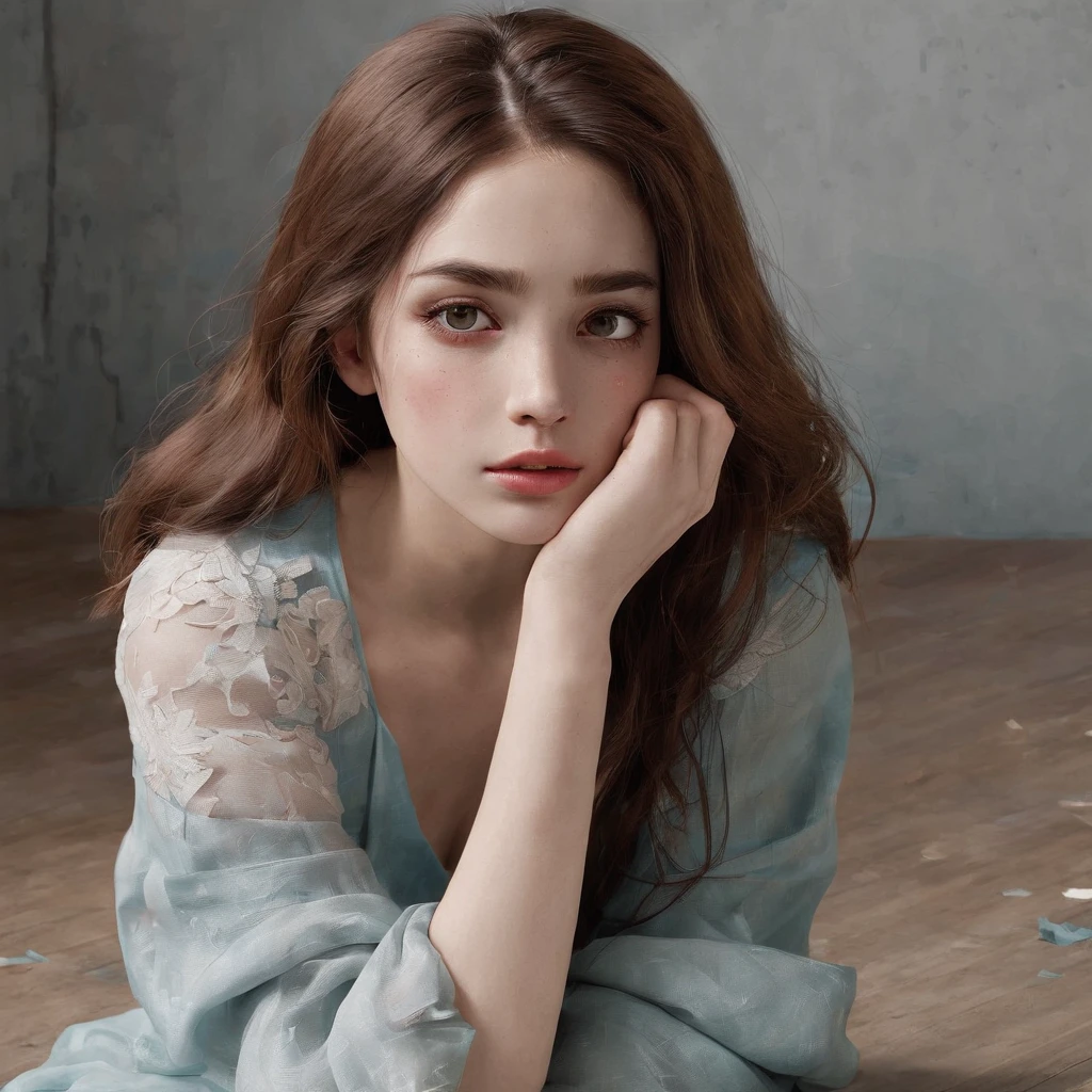 generate a highly detailed 3D image of a Disney-style girl, exuding a sense of sadness and melancholy. She should have been standing in the middle of a completely messed up room. The girl should have disheveled, dirty-looking hair, with strands falling in disarray over her face and shoulders. Your facial expression should convey deep sadness, with teary eyes and slightly trembling lips. Your clothes, while still reminiscent of a Disney princess's style, should look disheveled and neglected, with faded details and subtle tears. a pile of dirty clothes spread across the table. Carpet should be overturned with dirt spread across the floor, accentuating the feeling of disarray. Crumbs and stains on the floor should indicate a lack of cleanliness. Next to the girl, there must be a broom leaning against the table, as if someone had started to clean but abandoned the task in the middle. facial expression