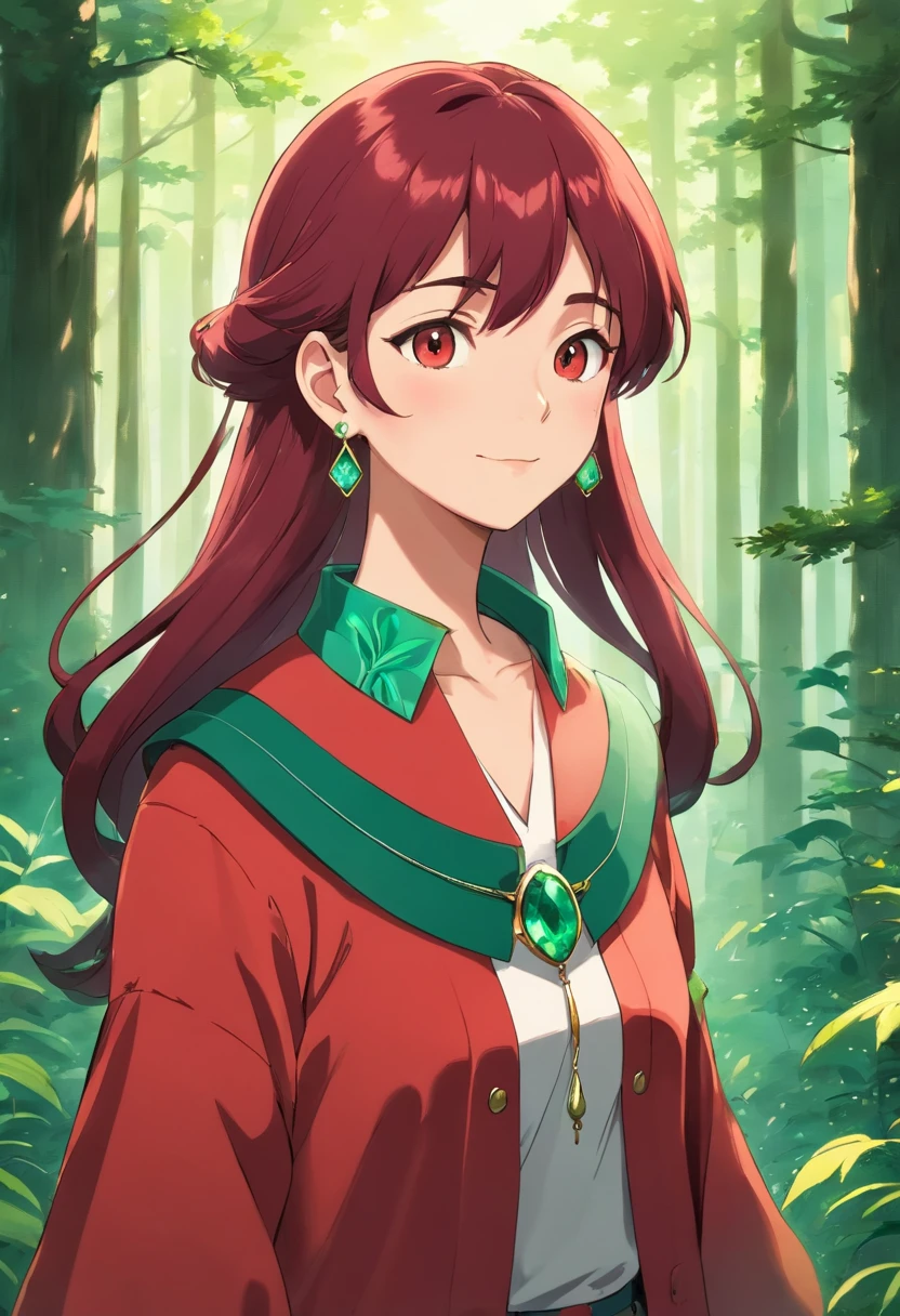 Girl in anime collar, long necklace and earrings with emeralds, in the style of calm forest landscapes, Colorful animated footage, dark red hair, Pine forest, Fox style, Honest image, Ear leaf, Foxtail, ssmile,