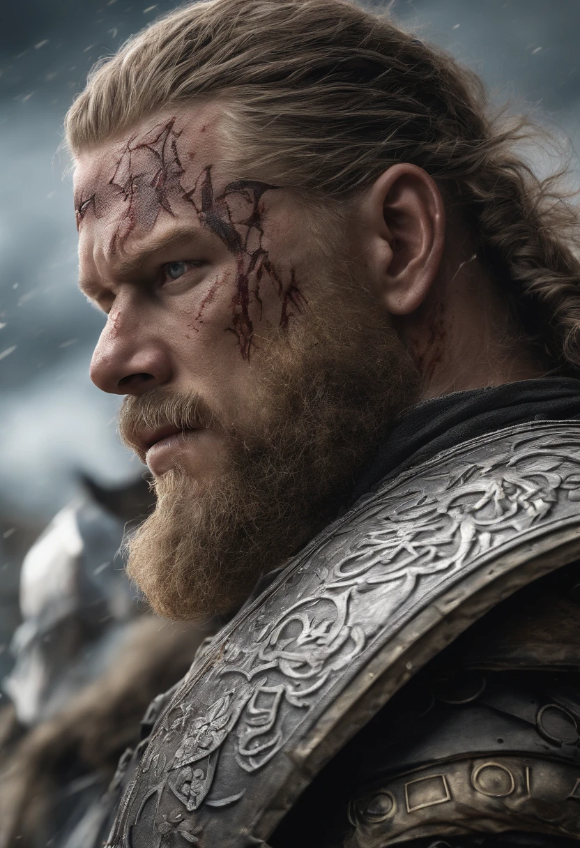 imagem ultra-realista de Ragnar Lothbrok (((gritando))), The legendary Norse warrior, in all its glory. He's standing on a battlefield, vestindo uma armadura detalhada e intrincada, made of darkened metal with engraved Nordic runes. A armadura brilha sob a luz do sol, mostrando sinais de batalhas anteriores, with small scratches and marks. .
