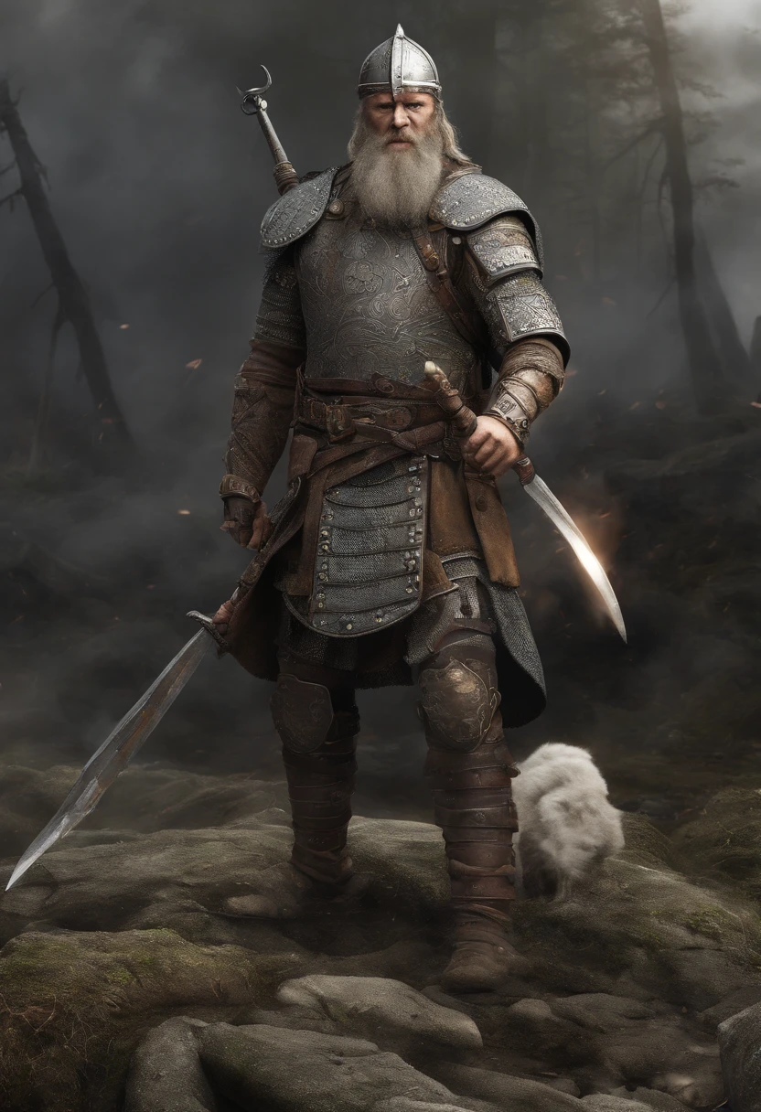 imagem ultra-realista de Ragnar Lothbrok (((gritando))), The legendary Norse warrior, in all its glory. He's standing on a battlefield, vestindo uma armadura detalhada e intrincada, made of darkened metal with engraved Nordic runes. A armadura brilha sob a luz do sol, mostrando sinais de batalhas anteriores, with small scratches and marks. .