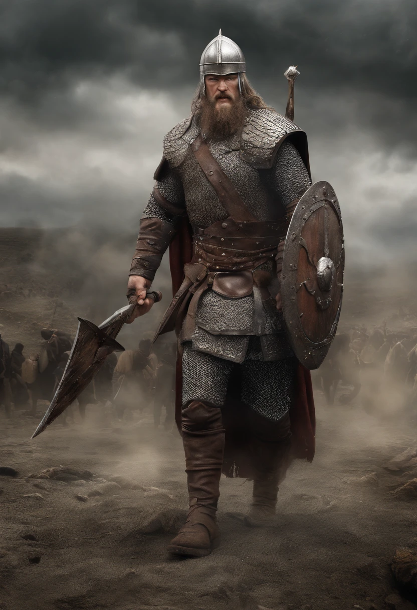 imagem ultra-realista de Ragnar Lothbrok (((gritando))), The legendary Norse warrior, in all its glory. He's standing on a battlefield, vestindo uma armadura detalhada e intrincada, made of darkened metal with engraved Nordic runes. A armadura brilha sob a luz do sol, mostrando sinais de batalhas anteriores, with small scratches and marks. .