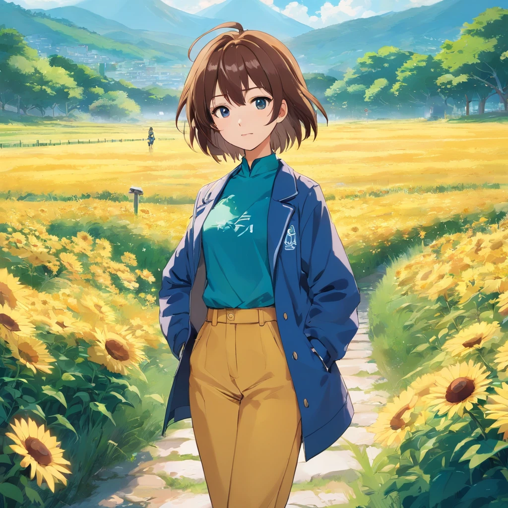 A girl in a yellow coat and blue pants stands in front of a landscape, viajante, single character, visual anime de uma menina bonito, cabelo azul, anime illustration, anime moe artstyle, Iwakura Lain, hinata hyuga, retrato de corpo curto!, Fubuki, single character, como um personagem de anime, illustration, cabelo curto azul escuro, profundidade de campo 1：5, Campo de Girassoes，Artes Oficiais， Unity 8k papel de parede， super-detalhado， lindo e bonito， master part， melhor qualidade， （Dynamic angle：1.4，qualidade superior，melhor qualidade，Artes Oficiais，Beauty and Aesthetics：1.2），extremamente detalhado，Colouring，Detalhes mais altos