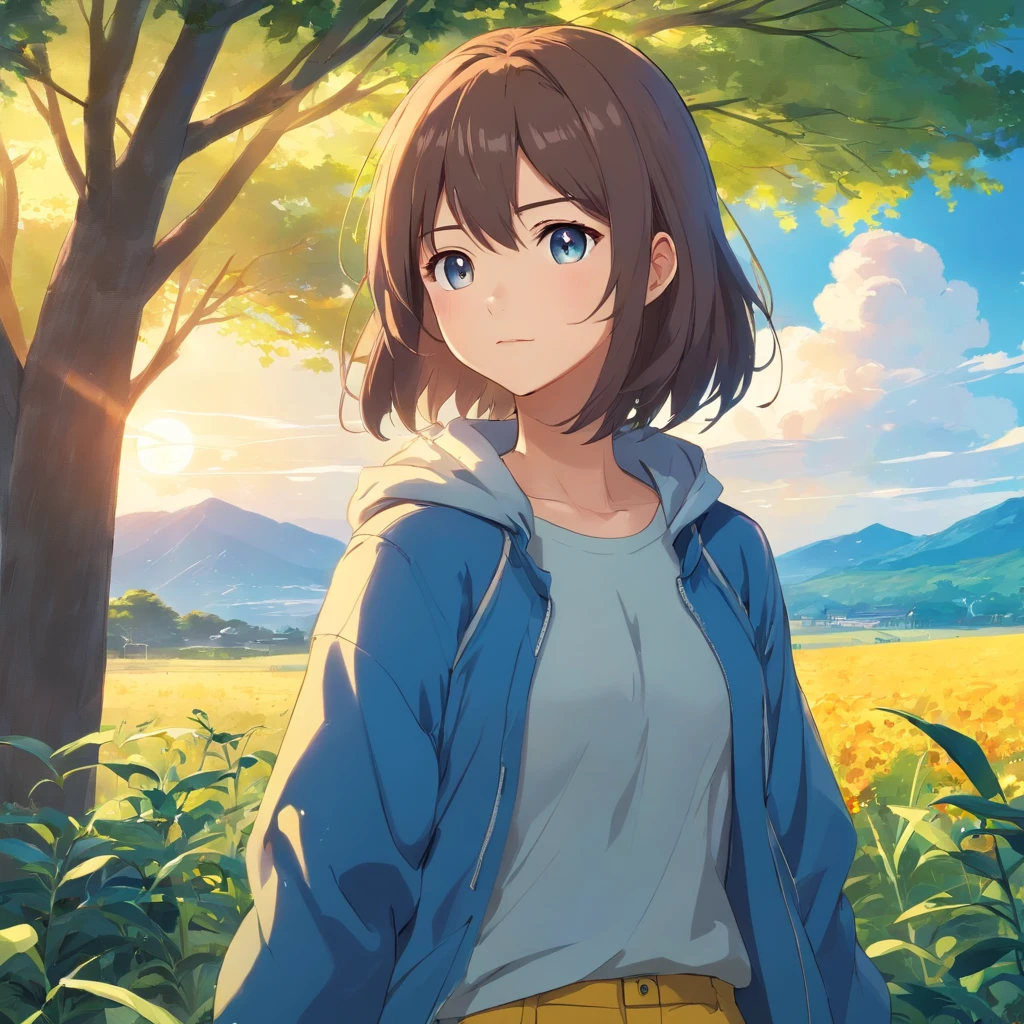 A girl in a yellow coat and blue pants stands in front of a landscape, viajante, single character, visual anime de uma menina bonito, cabelo azul, anime illustration, anime moe artstyle, Iwakura Lain, hinata hyuga, retrato de corpo curto!, Fubuki, single character, como um personagem de anime, illustration, cabelo curto azul escuro, profundidade de campo 1:5, Campo de Girassoes,Artes Oficiais, Unity 8k papel de parede, super-detalhado, lindo e bonito, master part, melhor qualidade, (Dynamic angle:1.4,qualidade superior,melhor qualidade,Artes Oficiais,Beauty and Aesthetics:1.2),extremamente detalhado,Colouring,Detalhes mais altos