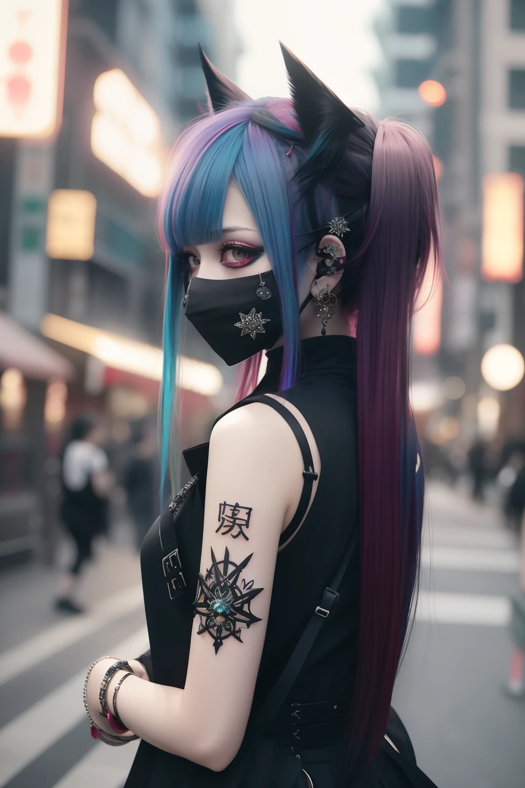 miku hatsune、Green hair、sleeveless。masks、Sleeveless、The tattoo、bright red、Really red、Red、Red-haired、rot、red hairs、head phone、🎧、goth_punk, 1girl in, 独奏, medium shot, Walking in Harajuku, ((during night)), bokeh dof, Neon light, Iridescent eyes, starrysky, red glowing hair, Black eyebrows, Radiant hair, (iridescent red hair), 耳Nipple Ring, bangss, jewely, masks, bluntbangs, verd s eyes, Mouth mask, blurry backround, bblurry, hair adornments, Look at viewers, shorth hair, portraitures, side locks