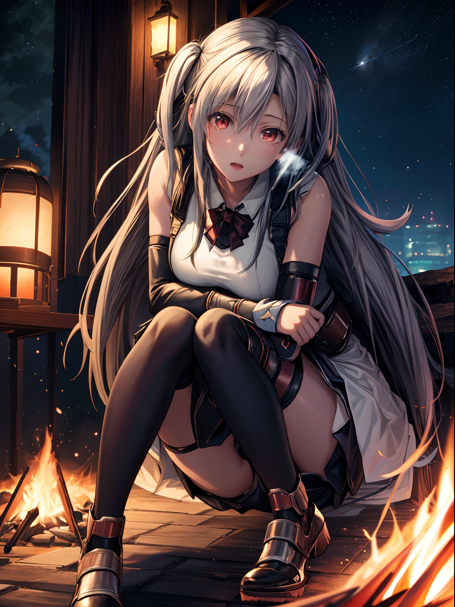 anime girl next to a campfire, a hyperrealistic schoolgirl, realistic schoolgirl, anime girl has white hair and red eyes, beautiful anime girl, [ 4 k digital art ], kantai collection style, female protagonist 👀 :8, school girl, guweiz, kawacy, smooth anime cg art, night sky, sitting on the ground, the girl should be put a little bit far in the picture
