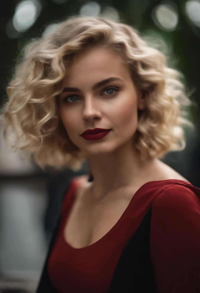 realistic blonde girl, curly, red skirt, black crop, fit,