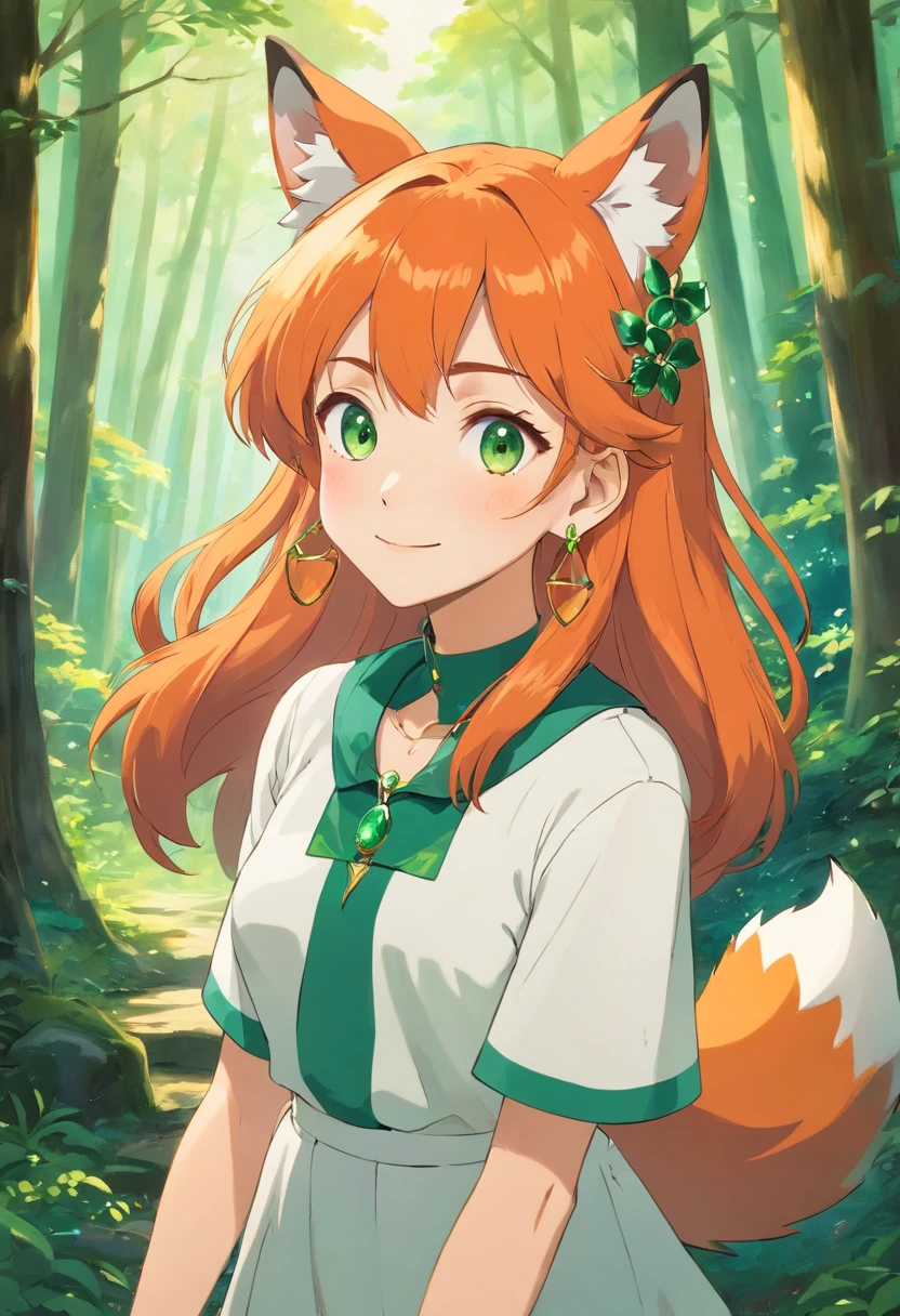 Girl in anime collar, Long necklace and earrings with emeralds, in the style of calm forest landscapes, Colorful animated footage, orange hair, Bor, Fox style, (A girl's fox ears), (A girl's fox tail), A big smile,