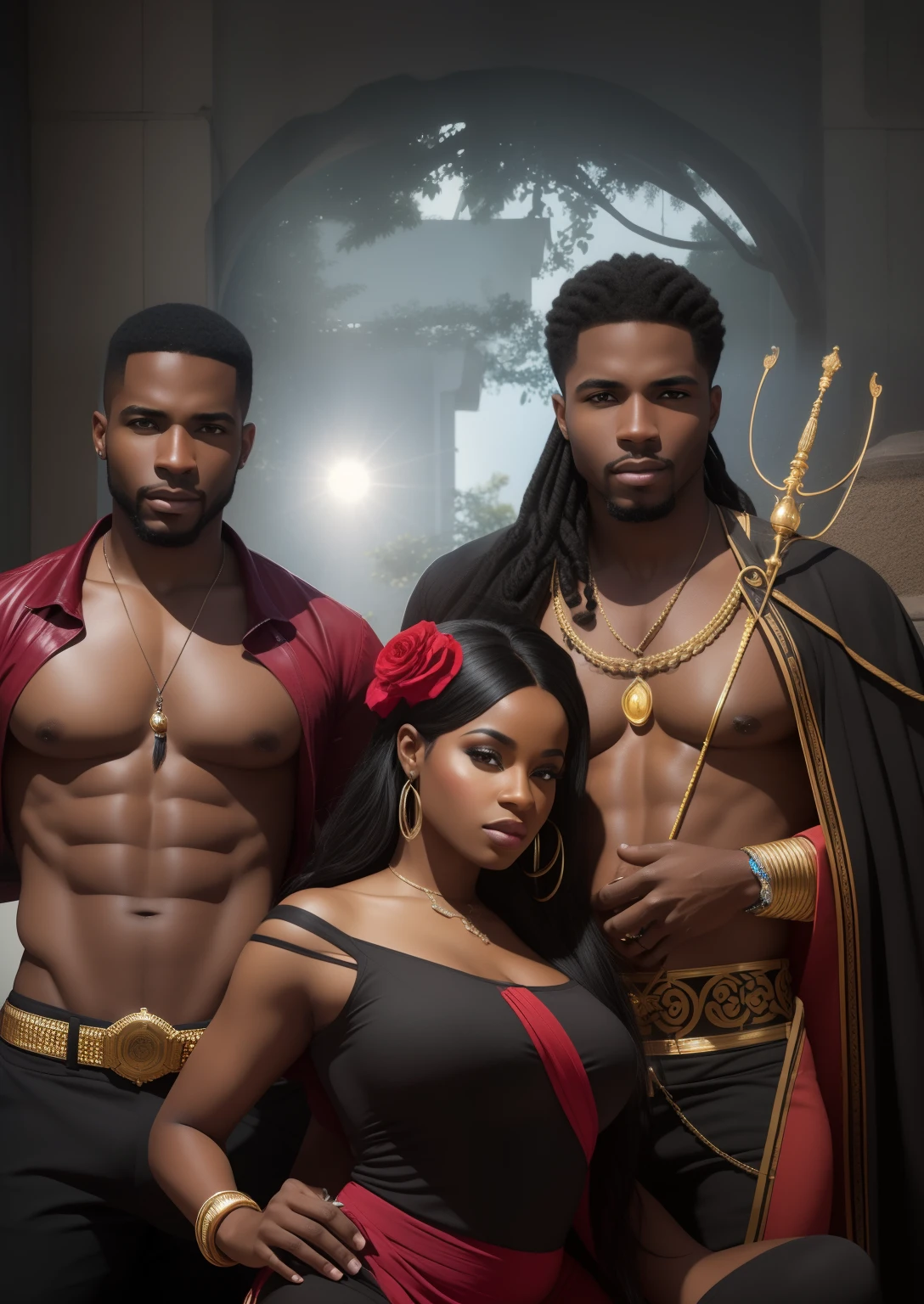 Three people with ultra-realism and perfection, Realismo, being two men of African descent and a beautiful woman with black hair professional photography, high resolution, 4k, foto detalhada,