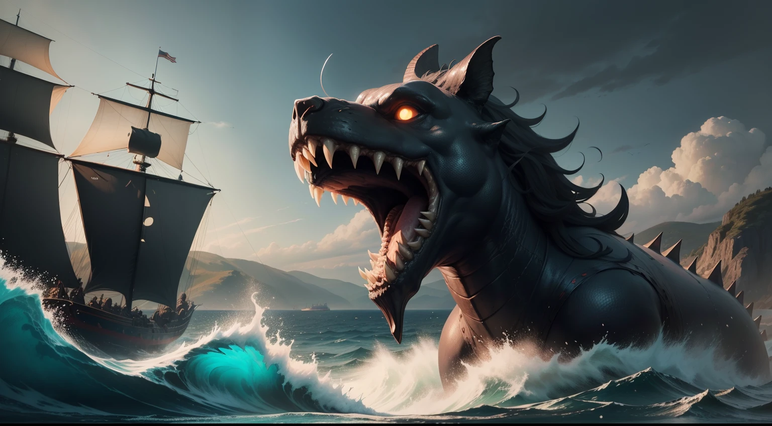 Illustrate the menacing presence of Scylla in the waters of the Strait of Messina, where she posed a constant threat to passing sailors