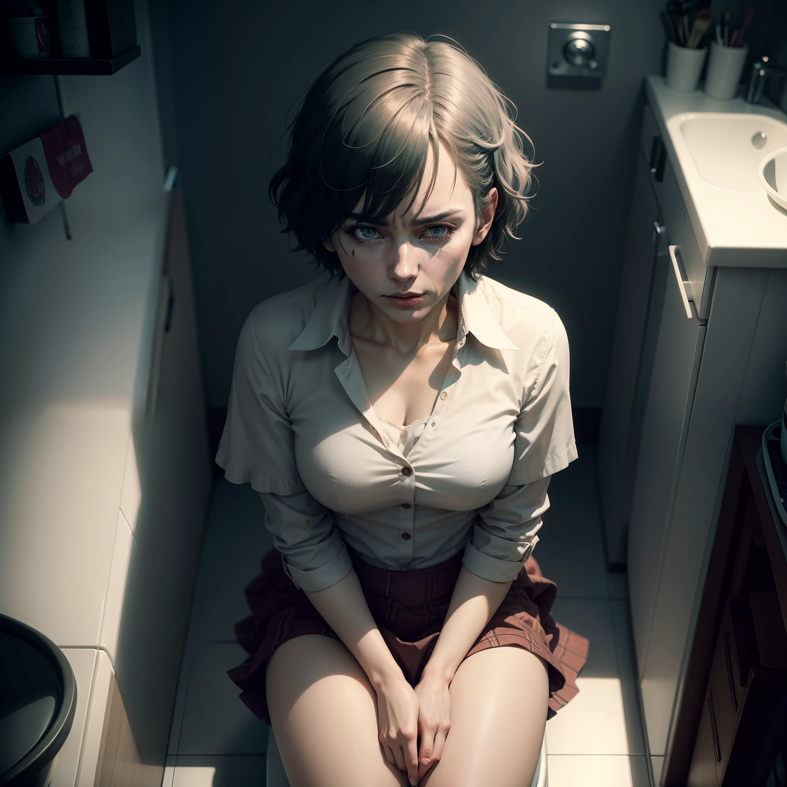 Realistic beautiful anime, was sad sitting on the toilet, realistic hd, 4k, ultra hd, cinematic foto, cinematic scene, joker movie color grading