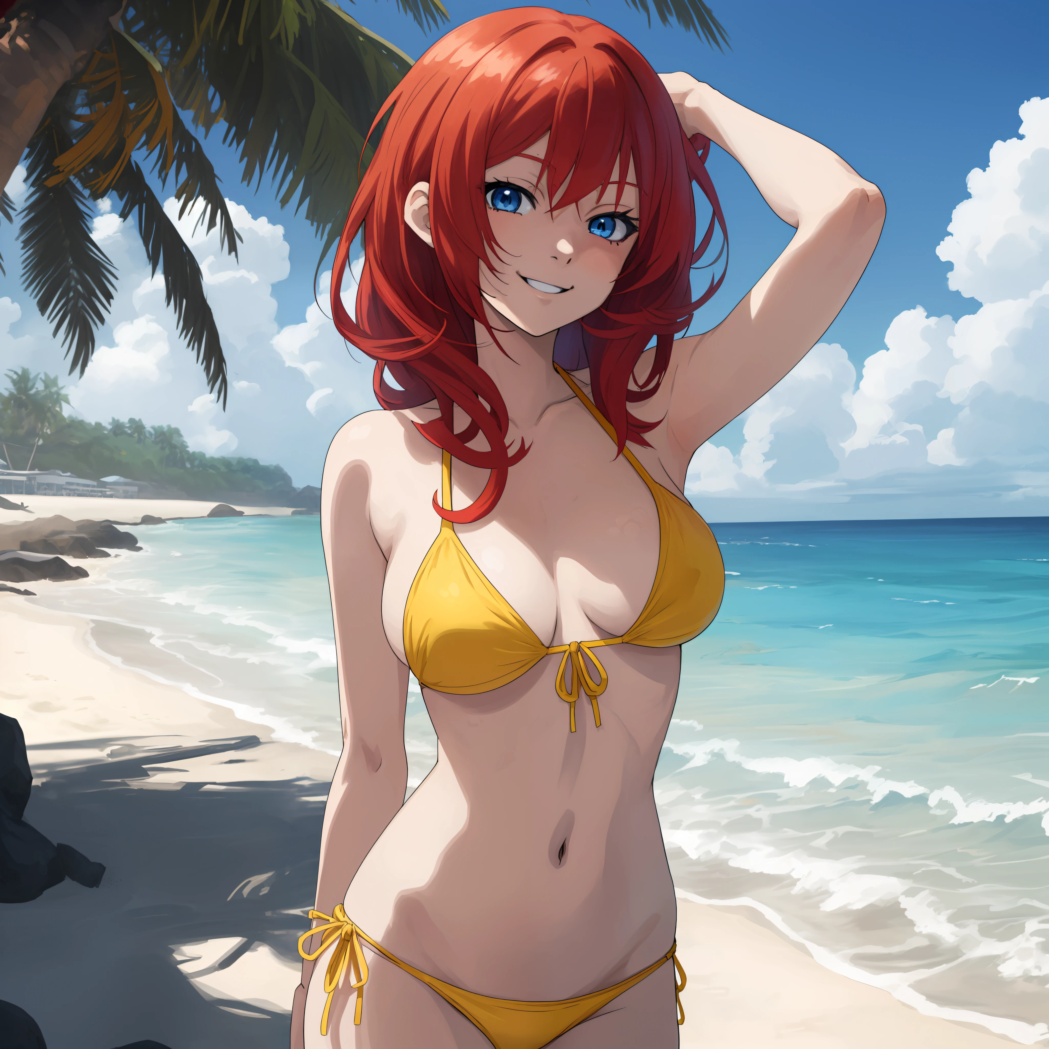 Anime girl, red hair, blue eyes, on the beach yellow bikini, hand behind head, sexy, smiling