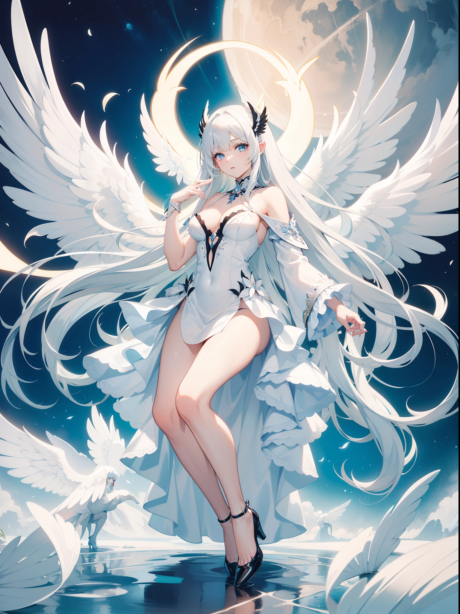 masterpiece, best quality, best face, ultra -detailed, finely detail, White girl, angel, big wings, white hair, blue eyes, sexy, sexy pose, pastel blue dress, full body, long hair, fringe, black dress, black shoes, acessories, wings on the back, hands on the dress