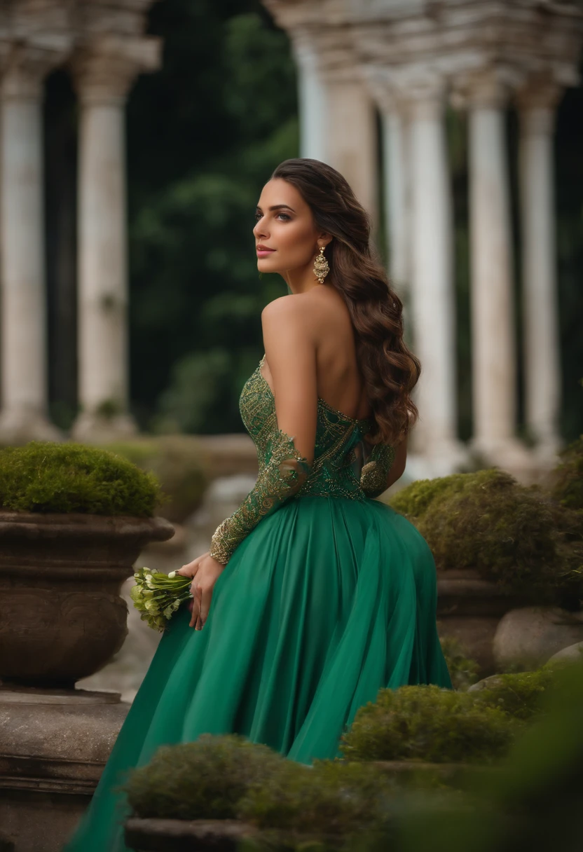 Jovem mulher de 25 anos,Com cabelo ruivo longo e cacheado sedoso e macio,Olho azul detalhado e perfeito,Sarda no rosto,Ultra Perfection,Qualidade de cinema,Vestindo um vestido verde agua longo,Com uma flor detalhada e perfeita no cabelo,Em um templo antigo,Ultra HD,flawless lighting,Mega HD,Ultra 4K